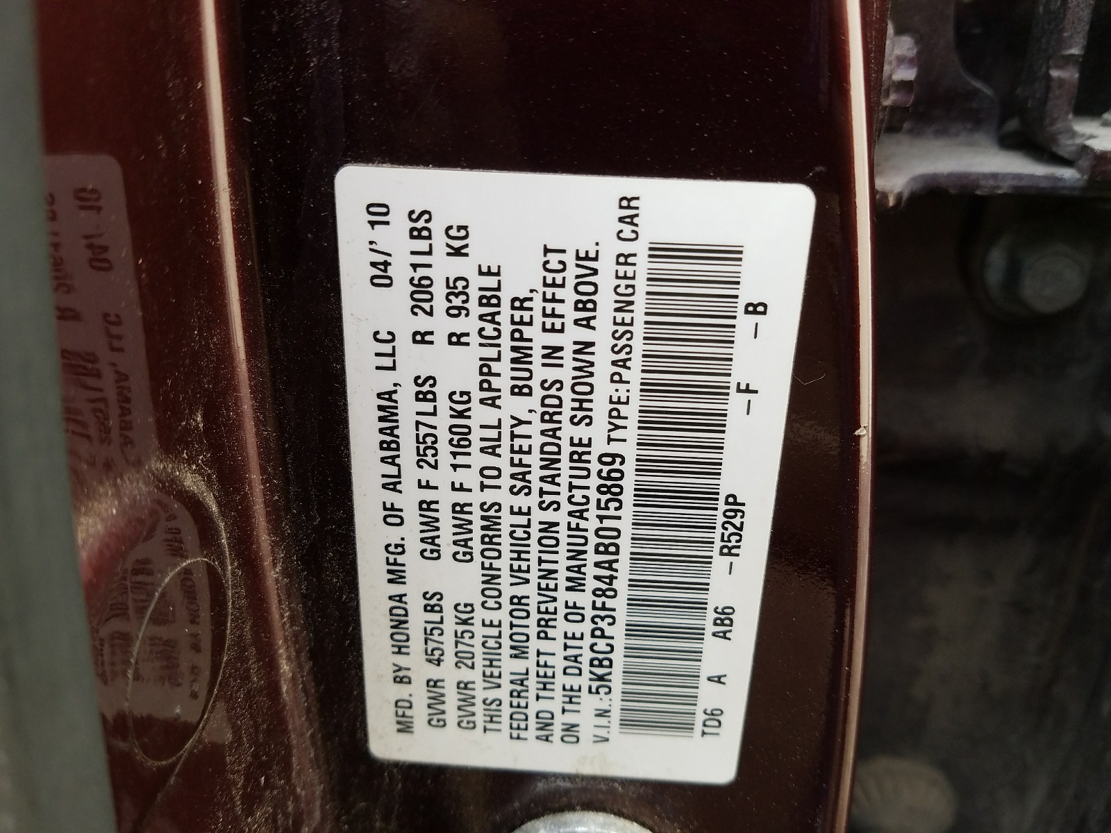 Photo 10 from auction – 2010 HONDA ACCORD EXL with VIN 5KBCP3F84AB015869