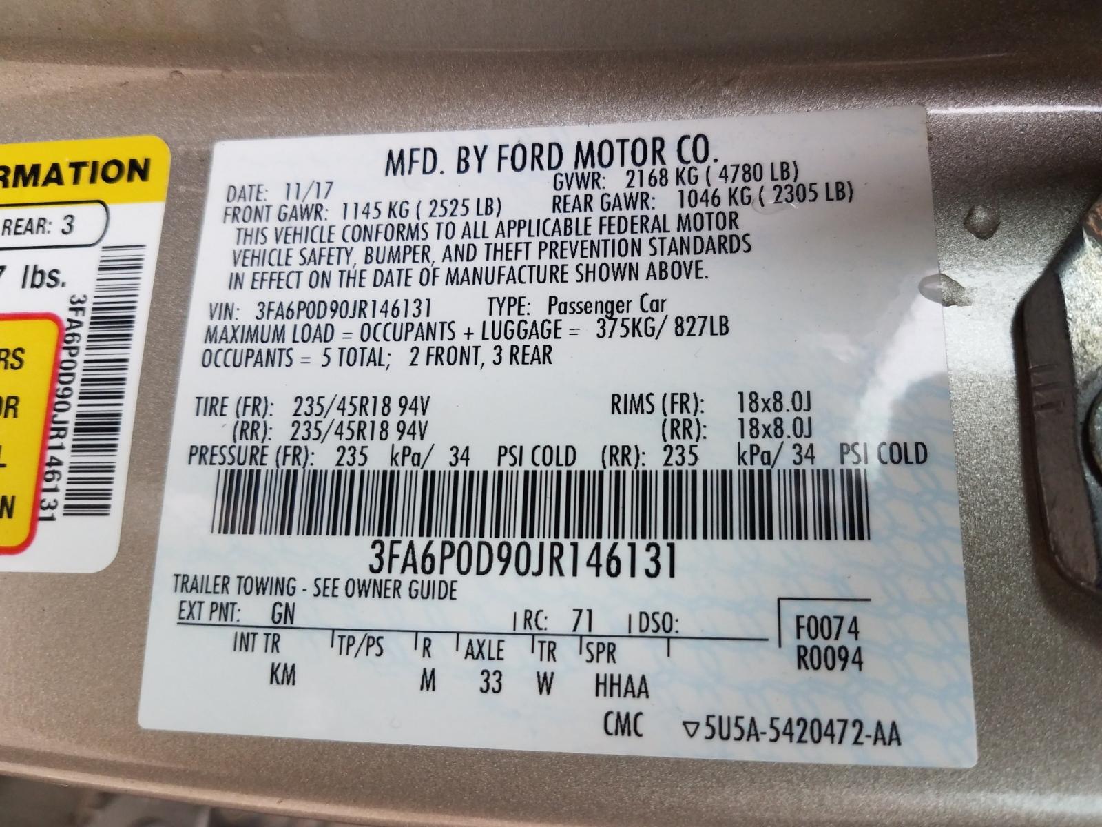 Photo 10 from auction – 2018 FORD FUSION TIT with VIN 3FA6P0D90JR146131