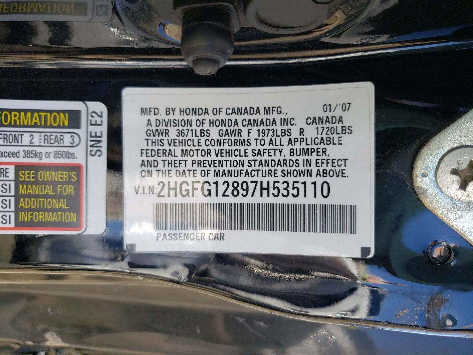 Photo 10 from auction – 2007 HONDA CIVIC EX with VIN 2HGFG12897H535110