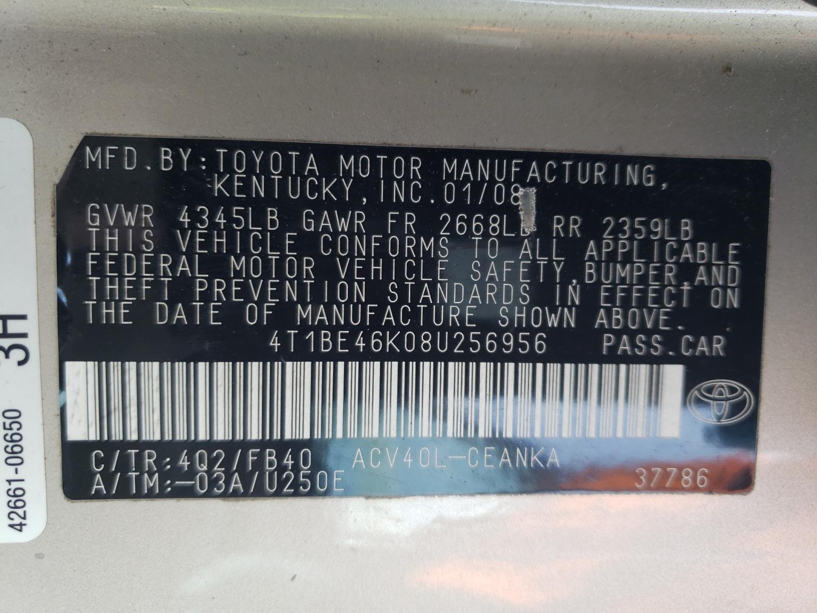 Photo 10 from auction – 2008 TOYOTA CAMRY CE with VIN 4T1BE46K08U256956