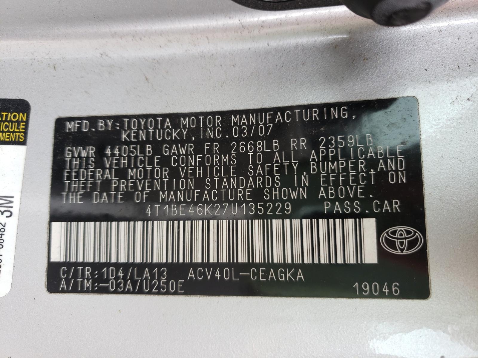 Photo 10 from auction – 2007 TOYOTA CAMRY with VIN 4T1BE46K27U135229