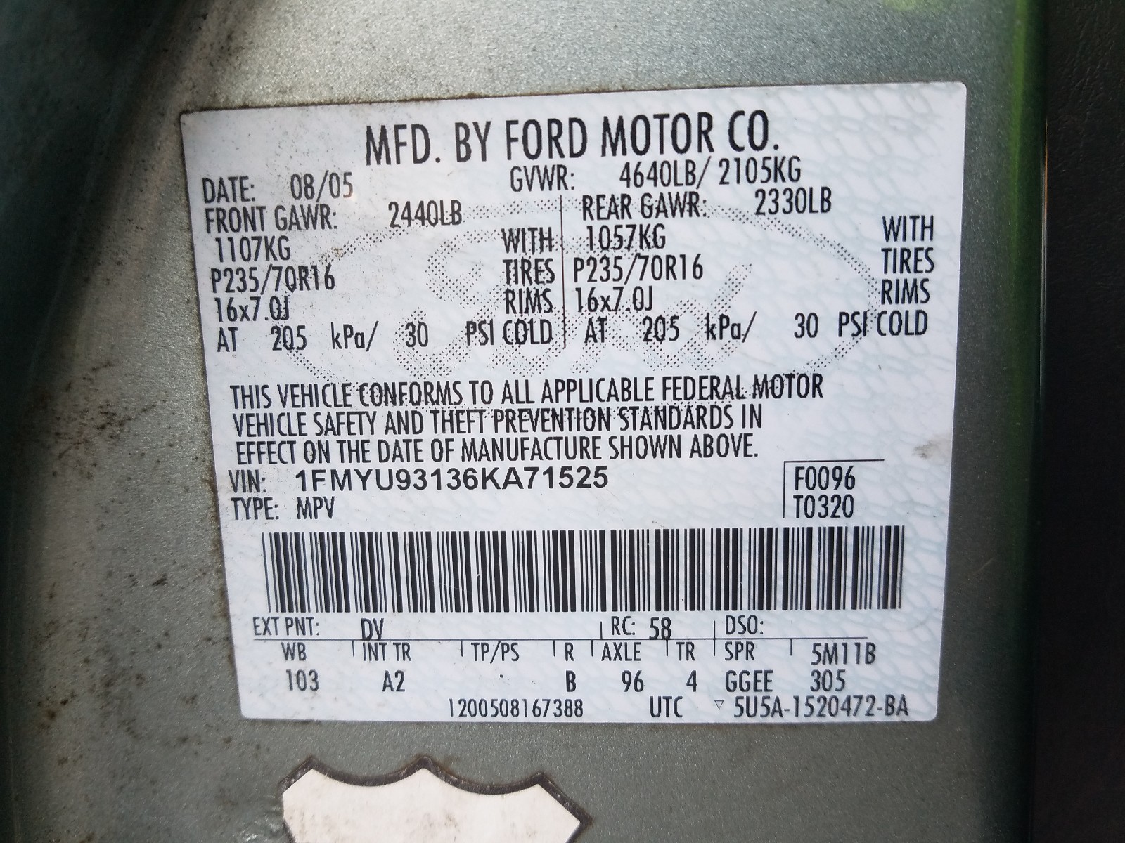 Photo 10 from auction – 2006 FORD ESCAPE XLT with VIN 1FMYU93136KA71525