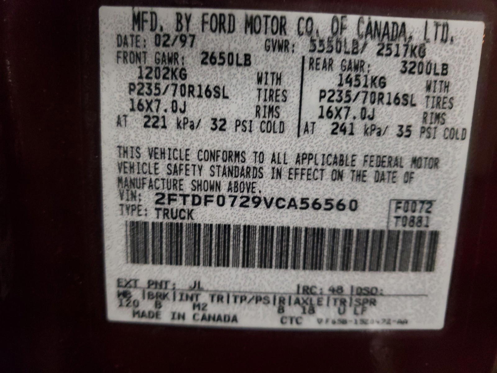 Photo 10 from auction – 1997 FORD F150 with VIN 2FTDF0729VCA56560