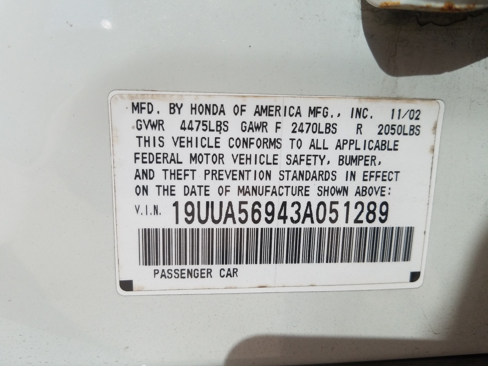 Photo 10 from auction – 2003 ACURA 3.2TL TYPE with VIN 19UUA56943A051289