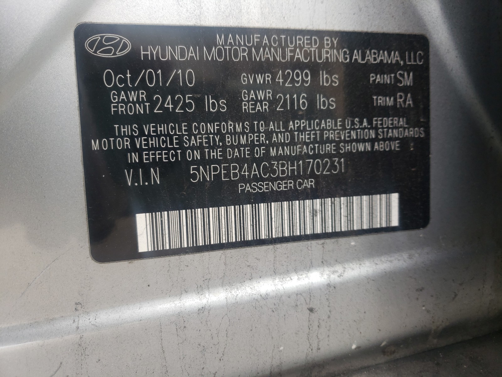 Photo 10 from auction – 2011 HYUNDAI SONATA GLS with VIN 5NPEB4AC3BH170231