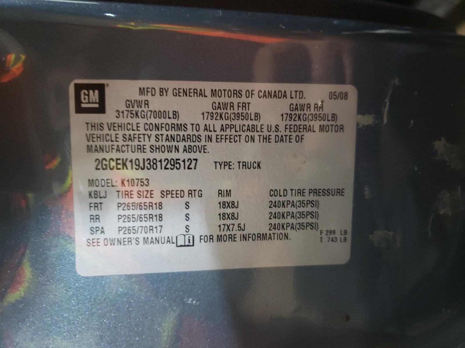 Photo 10 from auction – 2008 CHEVROLET SILVERADO with VIN 2GCEK19J381295127