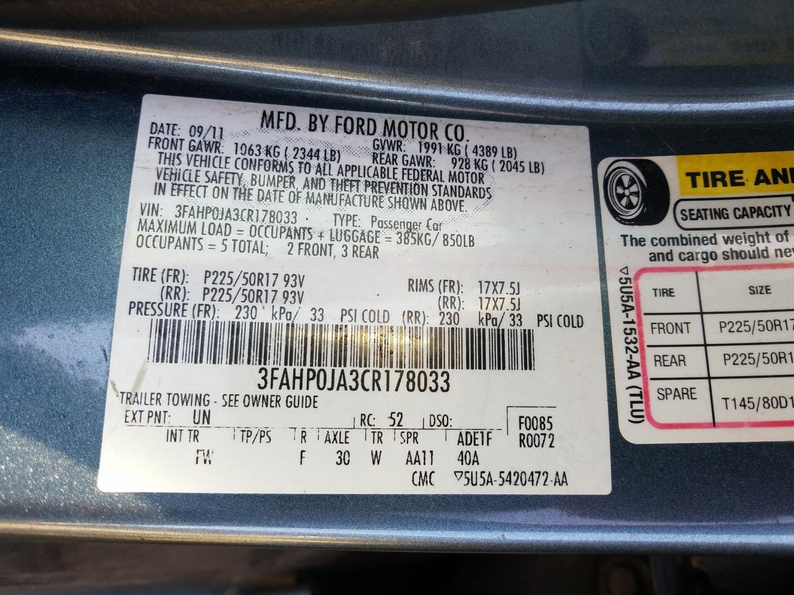 Photo 10 from auction – 2012 FORD FUSION SEL with VIN 3FAHP0JA3CR178033