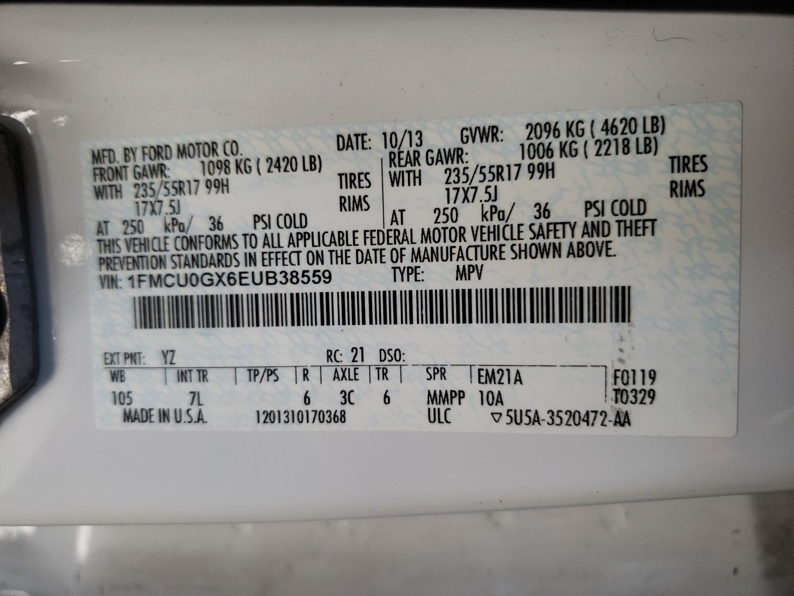 Photo 10 from auction – 2014 FORD ESCAPE SE with VIN 1FMCU0GX6EUB38559