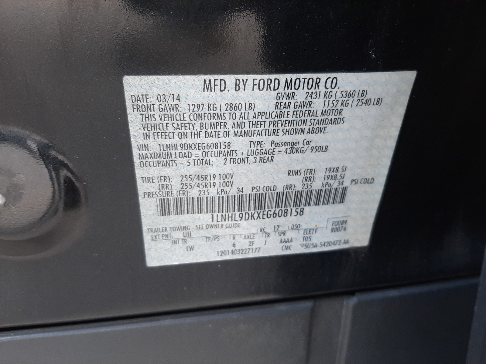 Photo 10 from auction – 2014 LINCOLN MKS with VIN 1LNHL9DKXEG608158