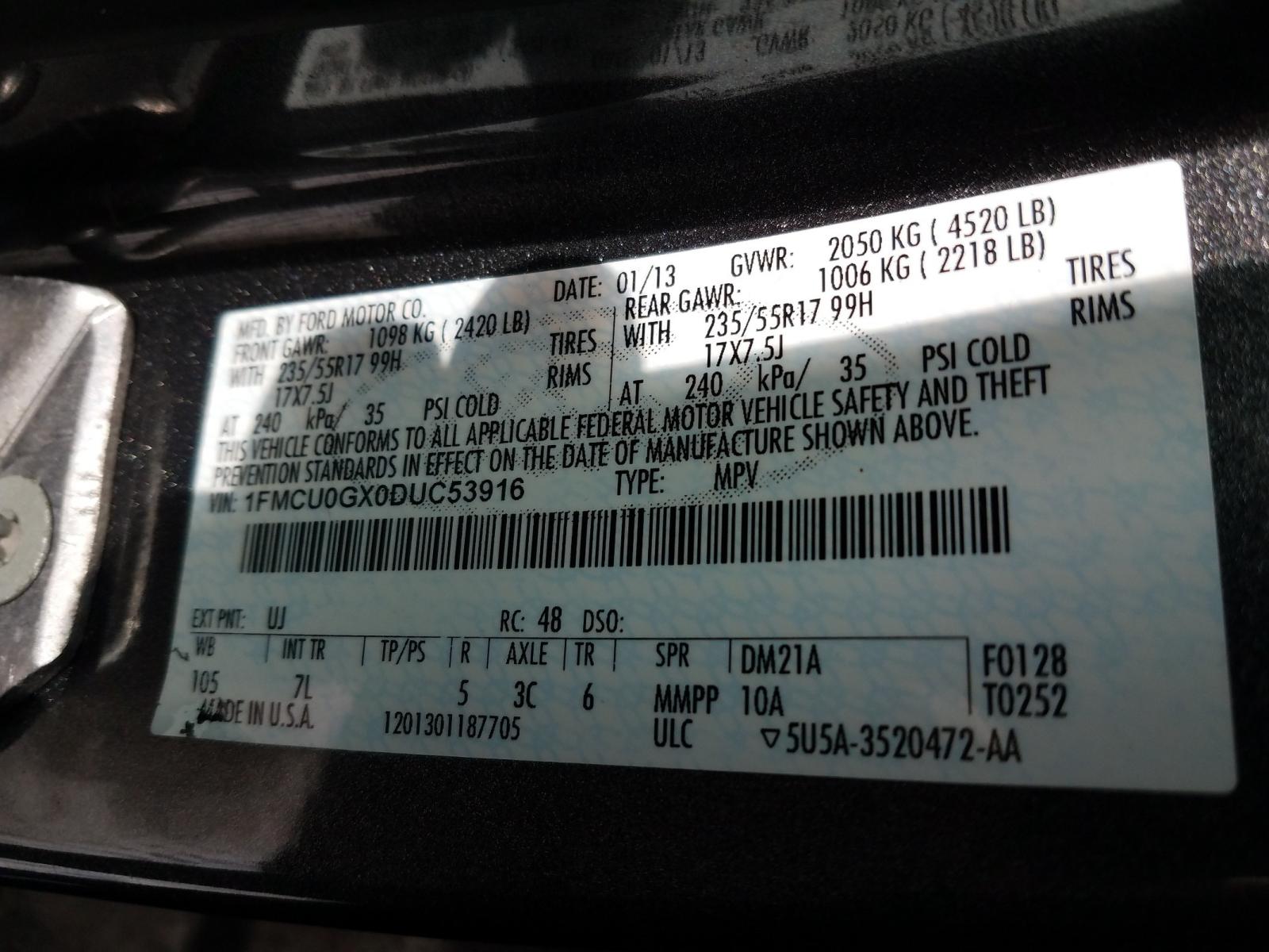Photo 10 from auction – 2013 FORD ESCAPE SE with VIN 1FMCU0GX0DUC53916