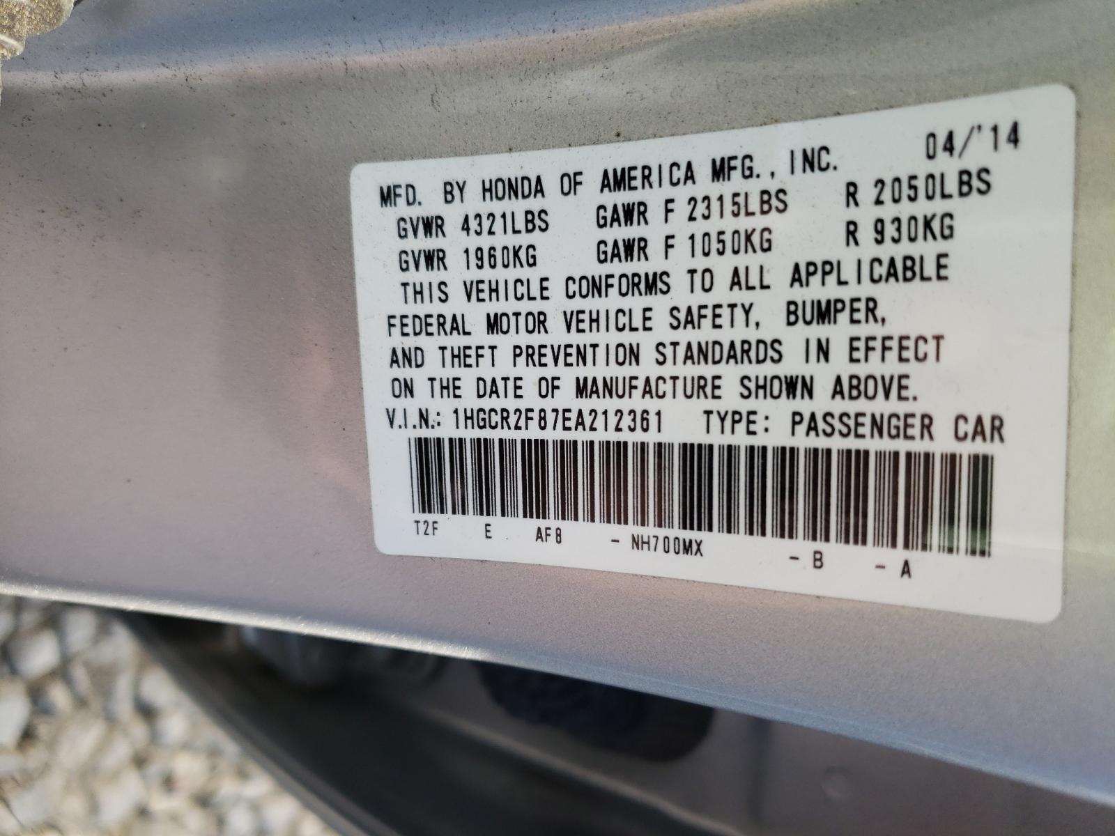 Photo 10 from auction – 2014 HONDA ACCORD with VIN 1HGCR2F87EA212361