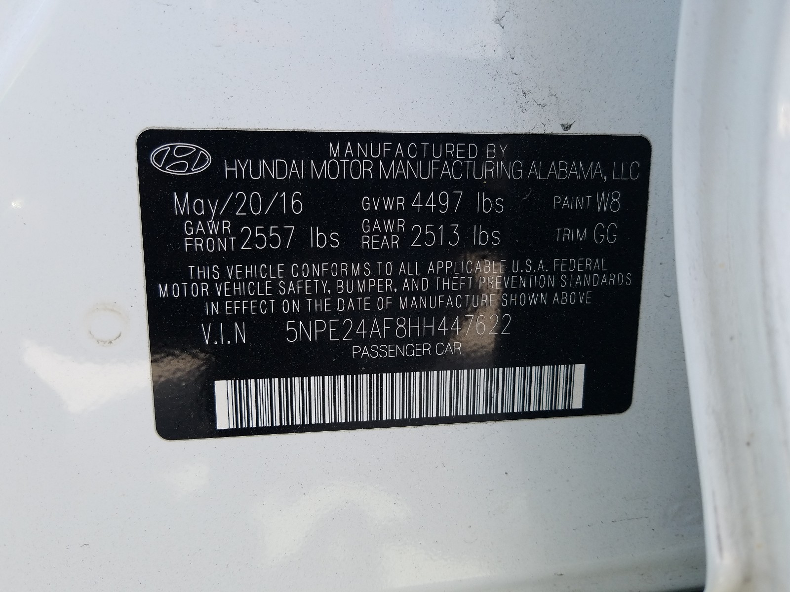 Photo 10 from auction – 2017 HYUNDAI SONATA SE with VIN 5NPE24AF8HH447622