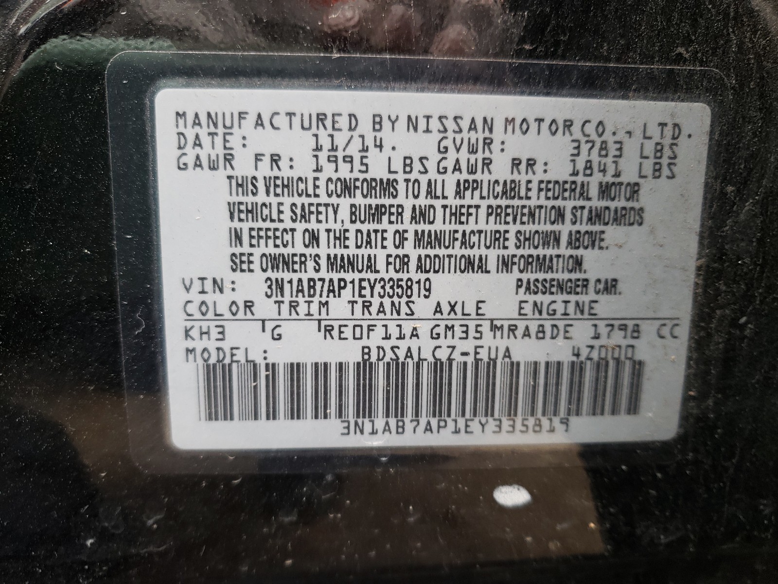 Photo 10 from auction – 2014 NISSAN SENTRA S with VIN 3N1AB7AP1EY335819