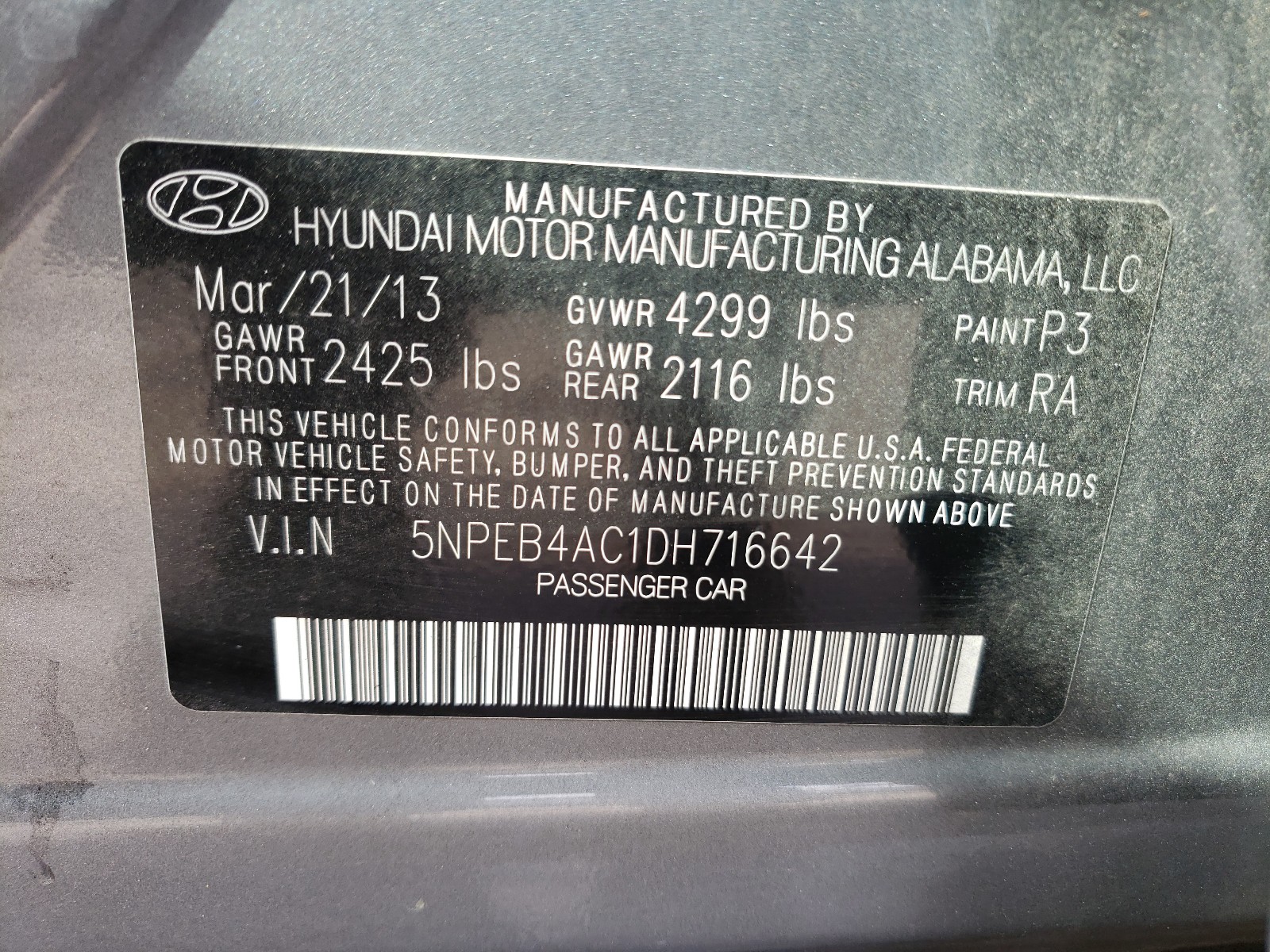 Photo 10 from auction – 2013 HYUNDAI SONATA GLS with VIN 5NPEB4AC1DH716642