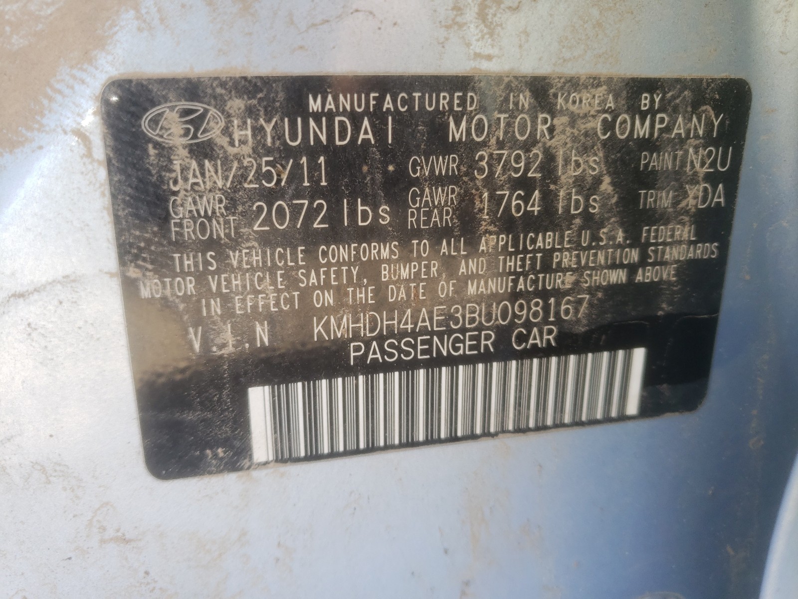 Photo 10 from auction – 2011 HYUNDAI ELANTRA GL with VIN KMHDH4AE3BU098167