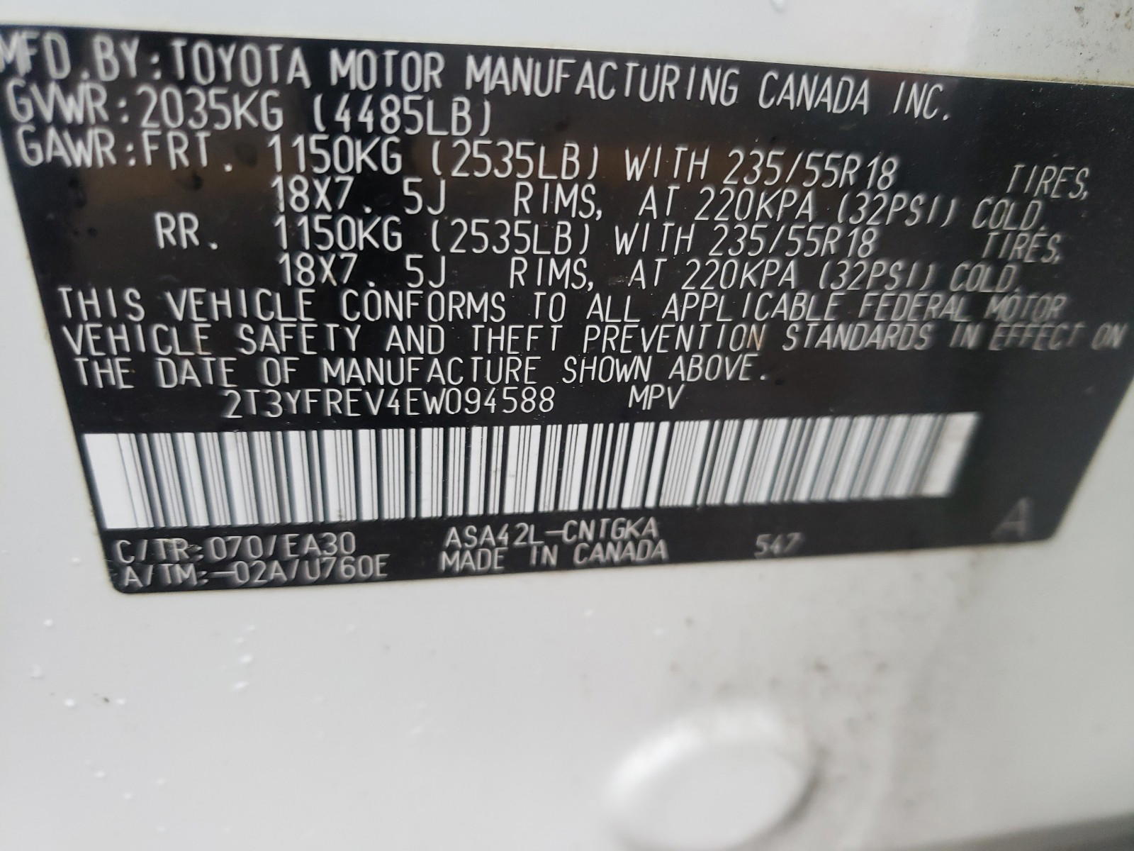 Photo 10 from auction – 2014 TOYOTA RAV4 LIMIT with VIN 2T3YFREV4EW094588