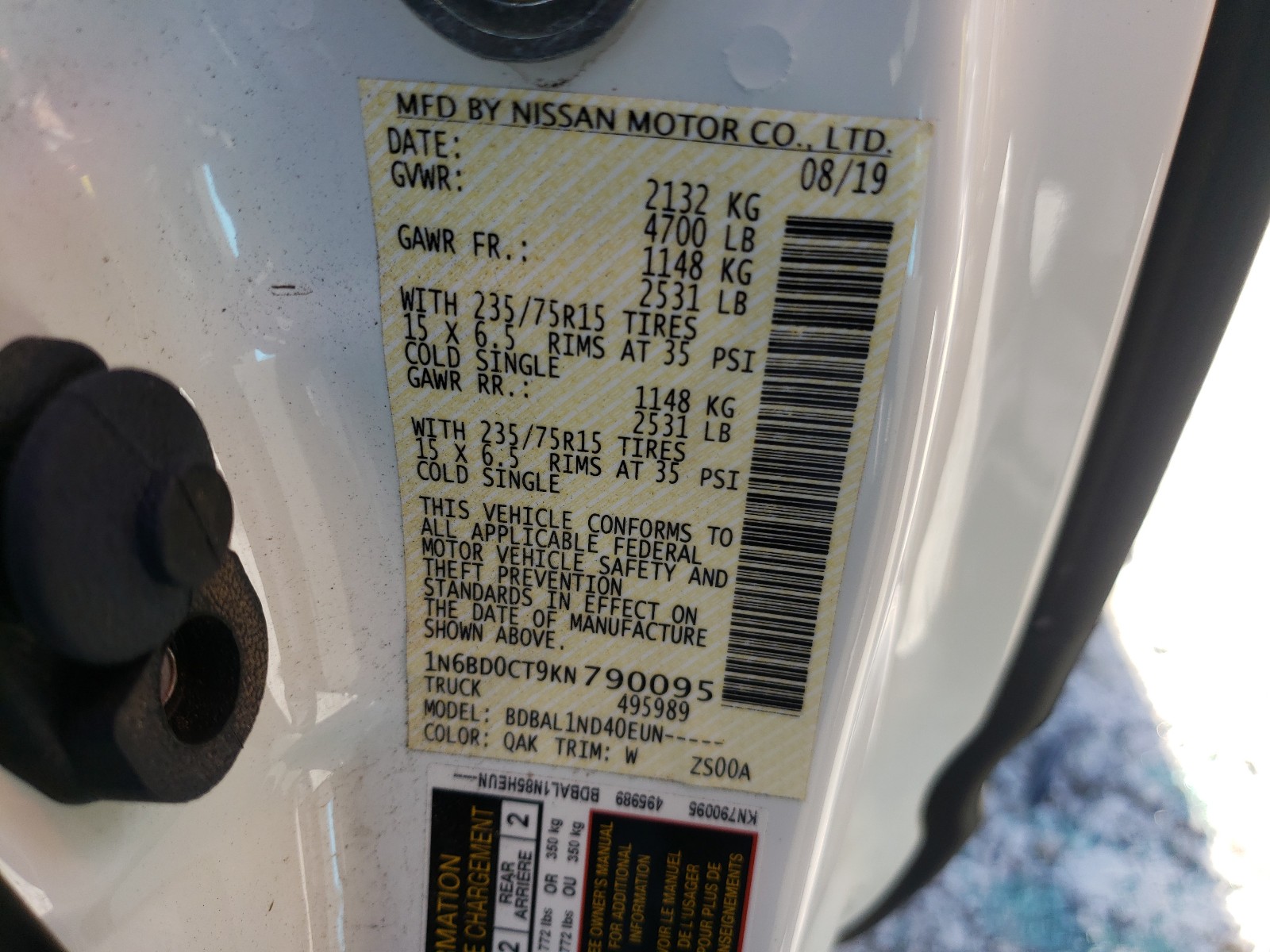 Photo 10 from auction – 2019 NISSAN FRONTIER S with VIN 1N6BD0CT9KN790095