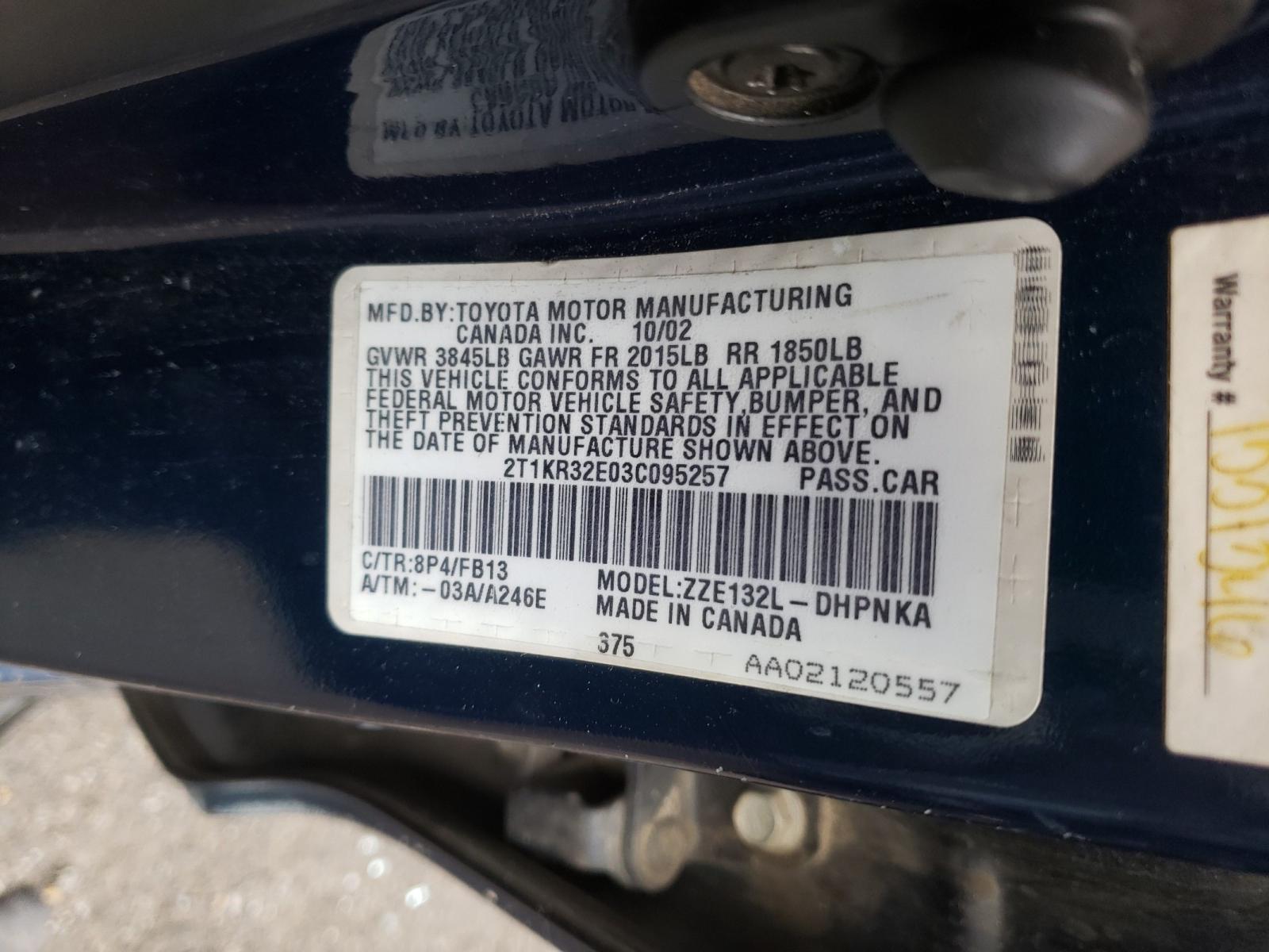Photo 10 from auction – 2003 TOYOTA COROLLA MA with VIN 2T1KR32E03C095257
