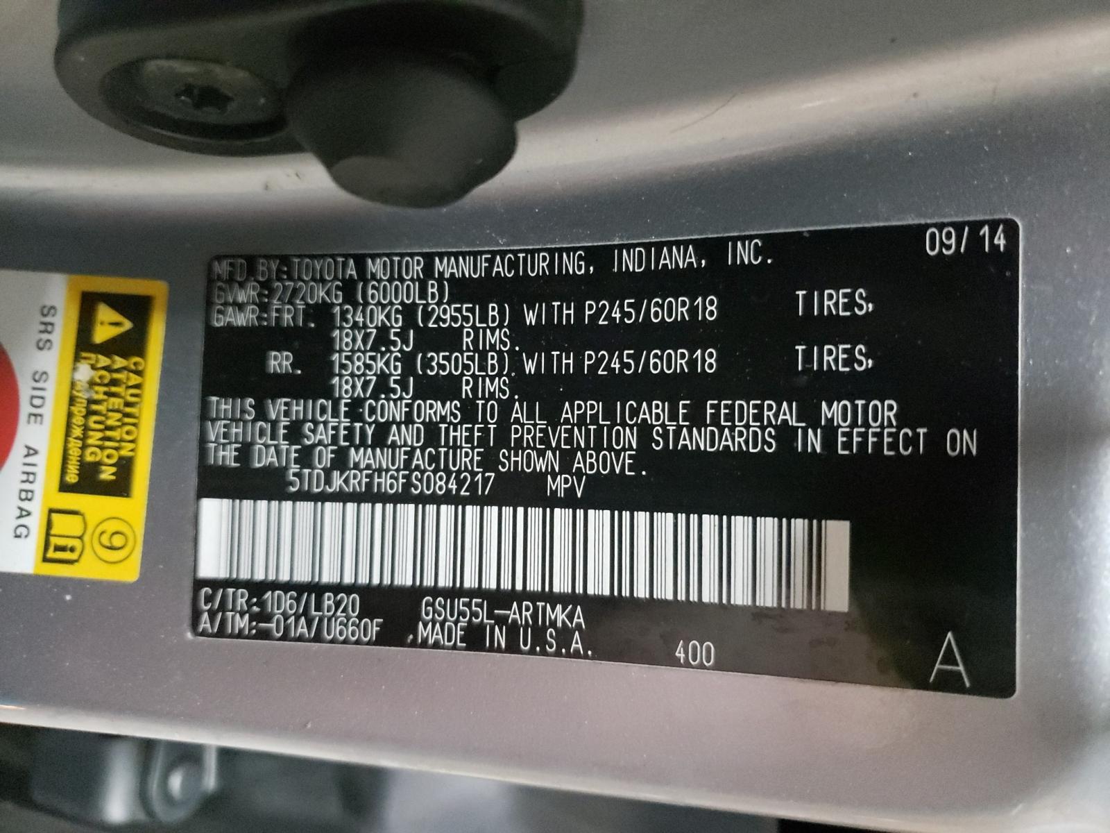 Photo 10 from auction – 2015 TOYOTA HIGHLANDER with VIN 5TDJKRFH6FS084217