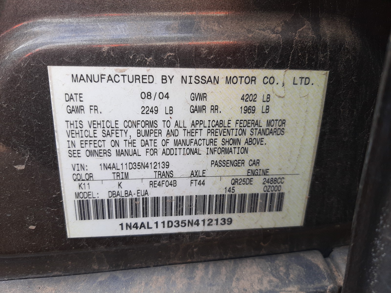 Photo 10 from auction – 2005 NISSAN ALTIMA S with VIN 1N4AL11D35N412139