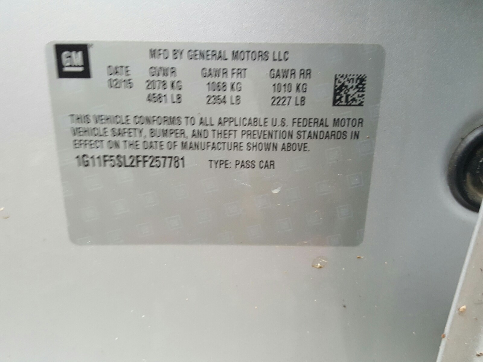 Photo 10 from auction – 2015 CHEVROLET MALIBU LTZ with VIN 1G11F5SL2FF257781