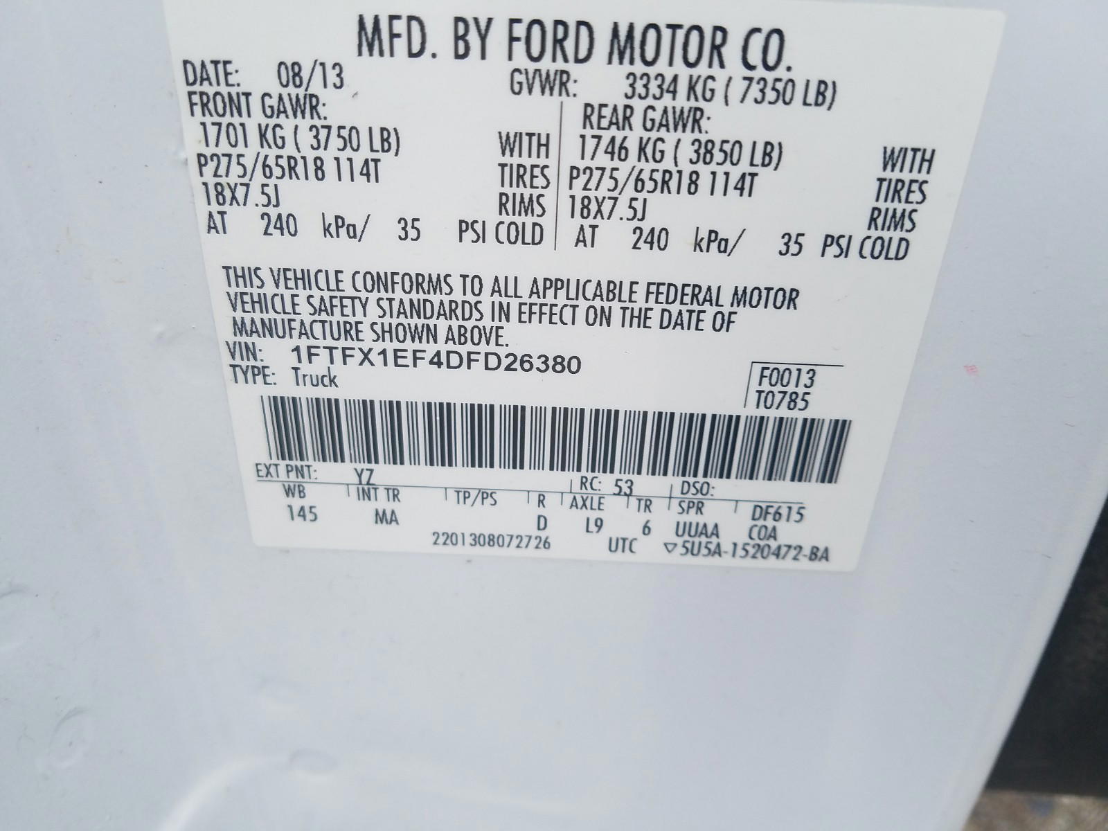Photo 10 from auction – 2013 FORD F150 SUPER with VIN 1FTFX1EF4DFD26380