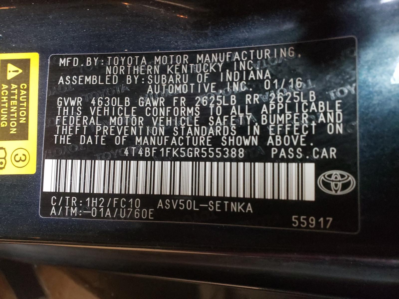 Photo 10 from auction – 2016 TOYOTA CAMRY LE with VIN 4T4BF1FK5GR555388