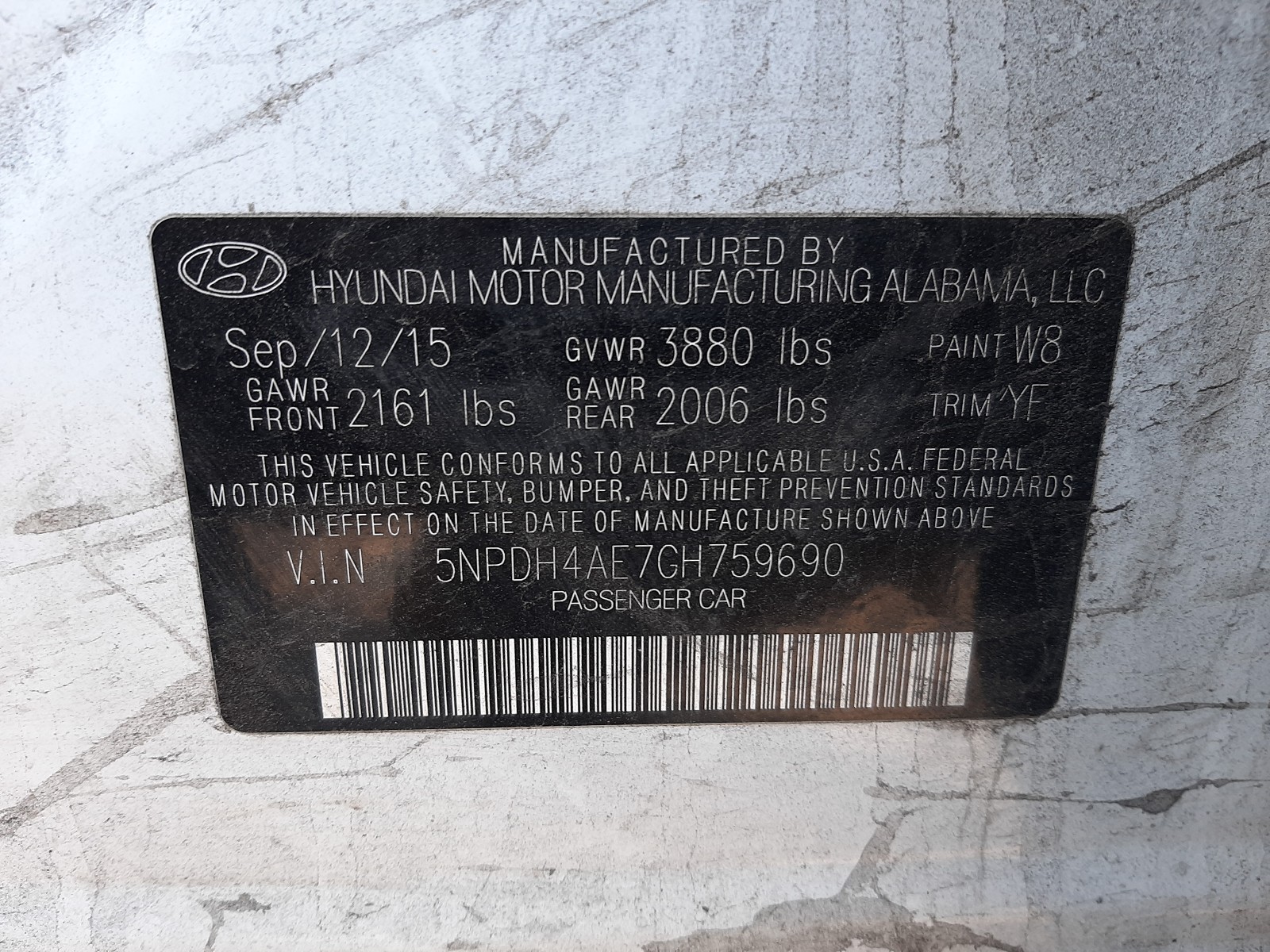 Photo 10 from auction – 2016 HYUNDAI ELANTRA SE with VIN 5NPDH4AE7GH759690