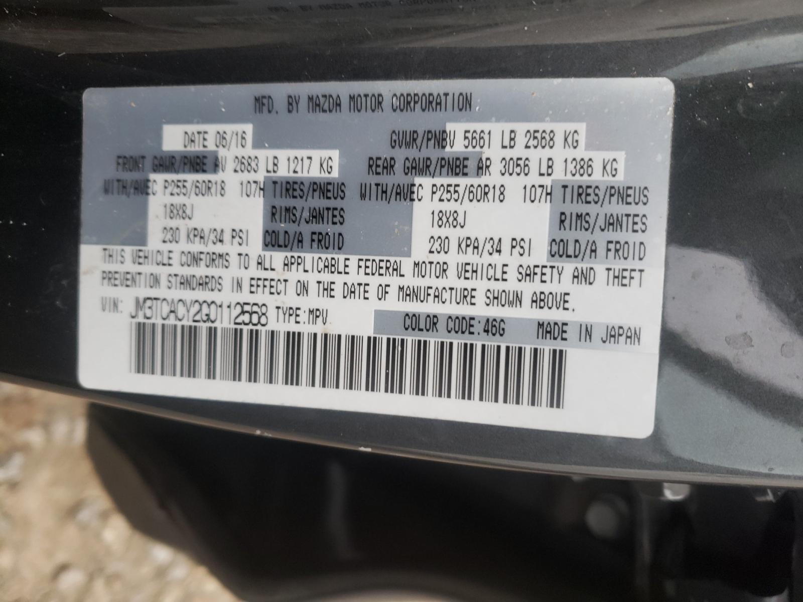 Photo 10 from auction – 2016 MAZDA CX-9 TOURI with VIN JM3TCAAY2G0112568