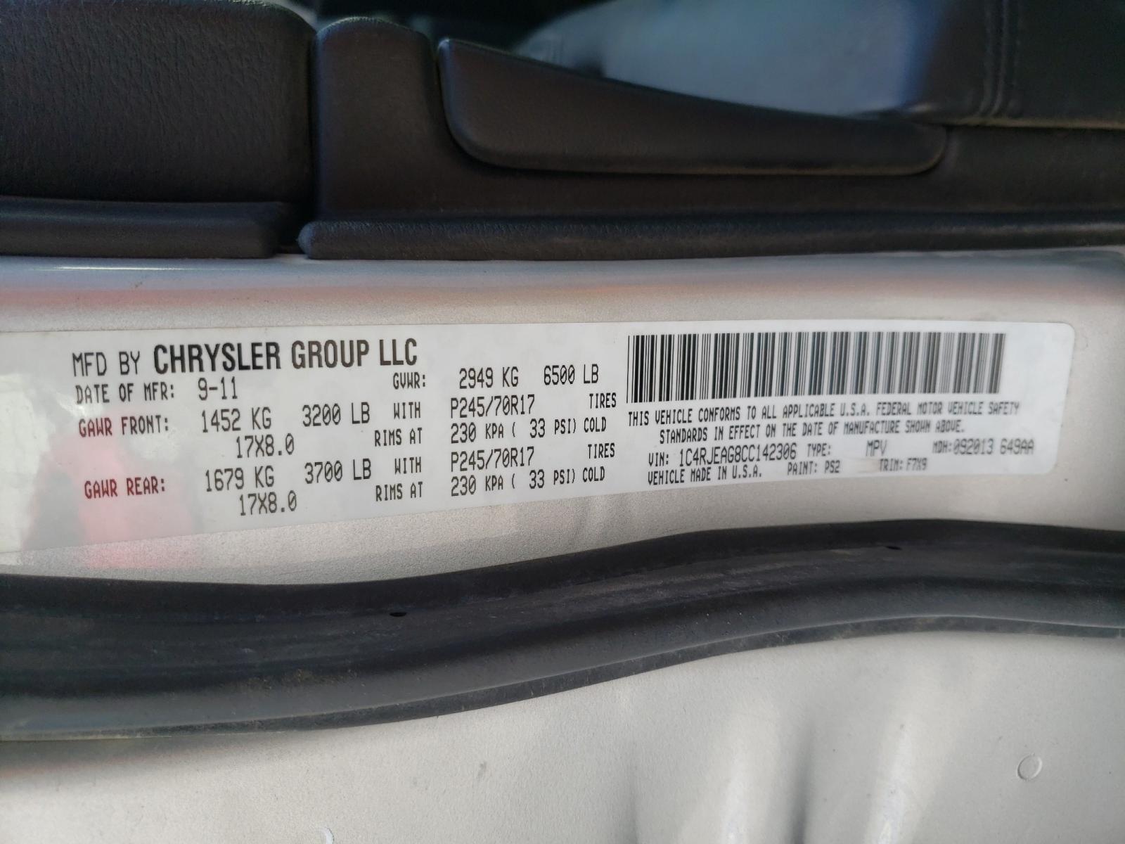 Photo 10 from auction – 2012 JEEP GRAND CHER with VIN 1C4RJEAG8CC142306