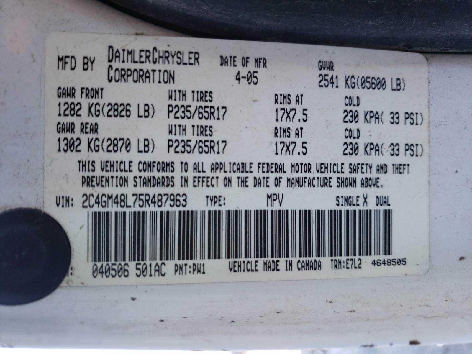 Photo 10 from auction – 2005 CHRYSLER PACIFICA with VIN 2C4GM48L75R487963