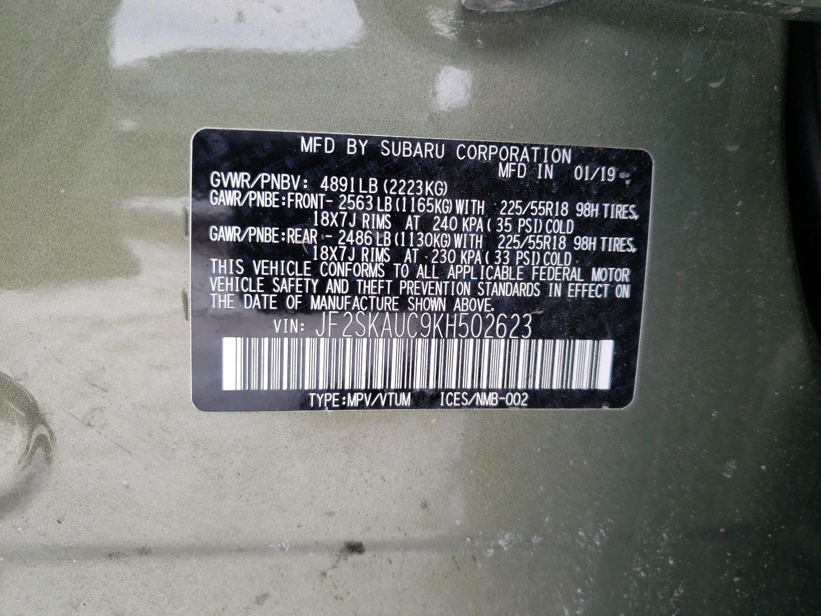Photo 10 from auction – 2019 SUBARU FORESTER L with VIN JF2SKAUC9KH502623