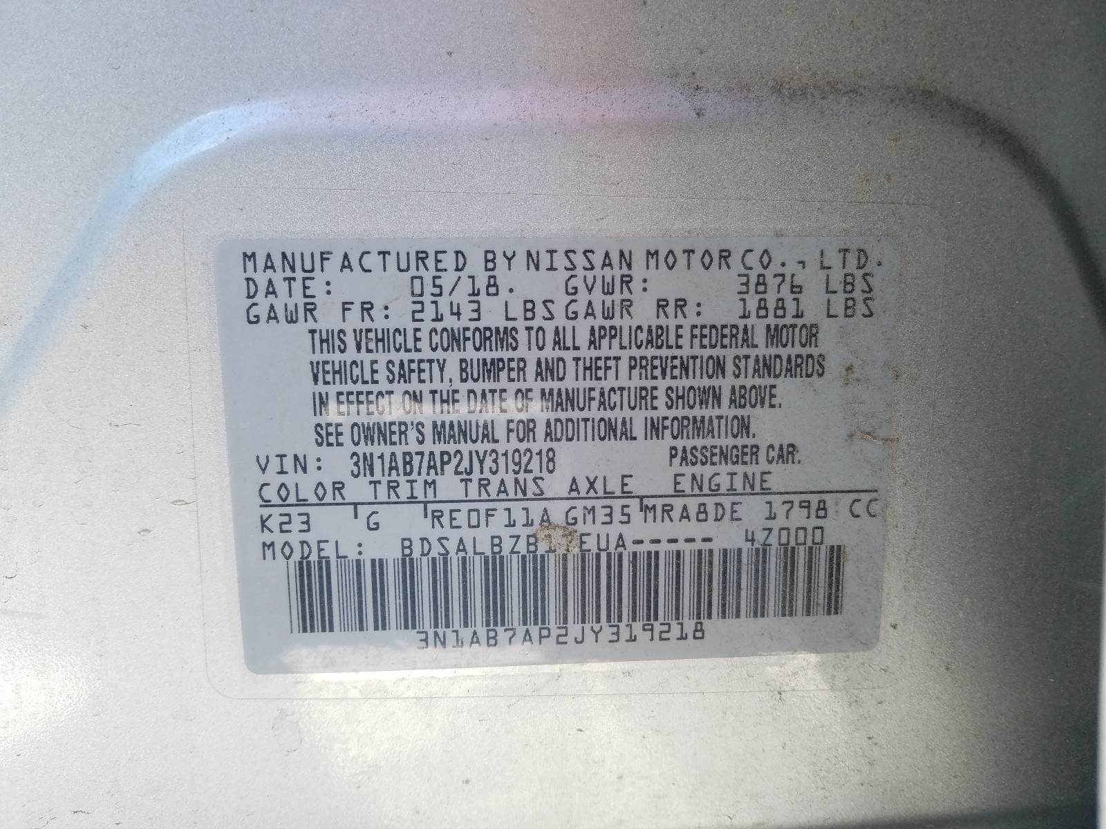 Photo 10 from auction – 2018 NISSAN SENTRA S with VIN 3N1AB7AP2JY319218