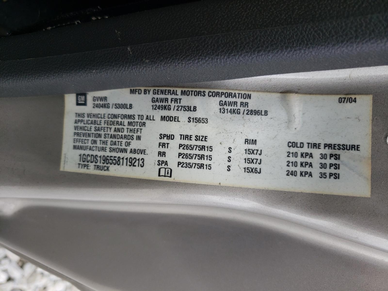 Photo 10 from auction – 2005 CHEVROLET COLORADO with VIN 1GCDS196558119213