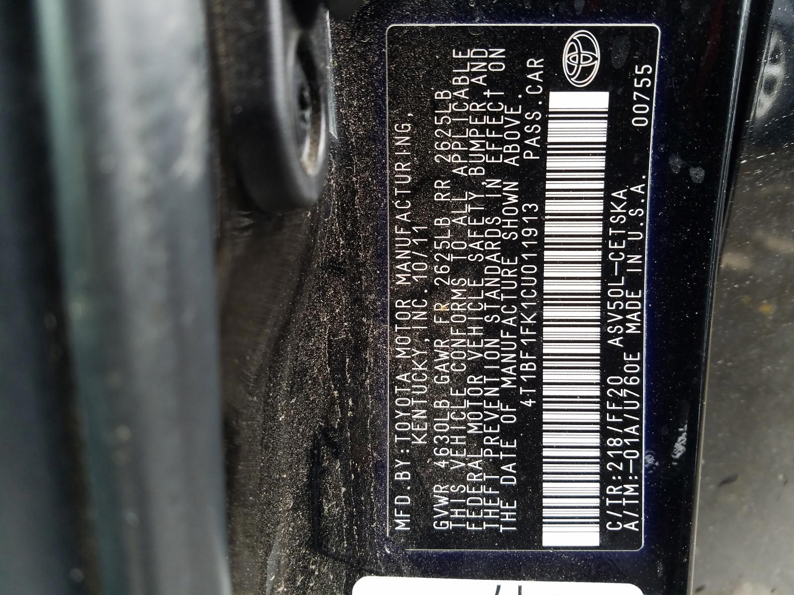Photo 10 from auction – 2012 TOYOTA CAMRY BASE with VIN 4T1BF1FK1CU011913