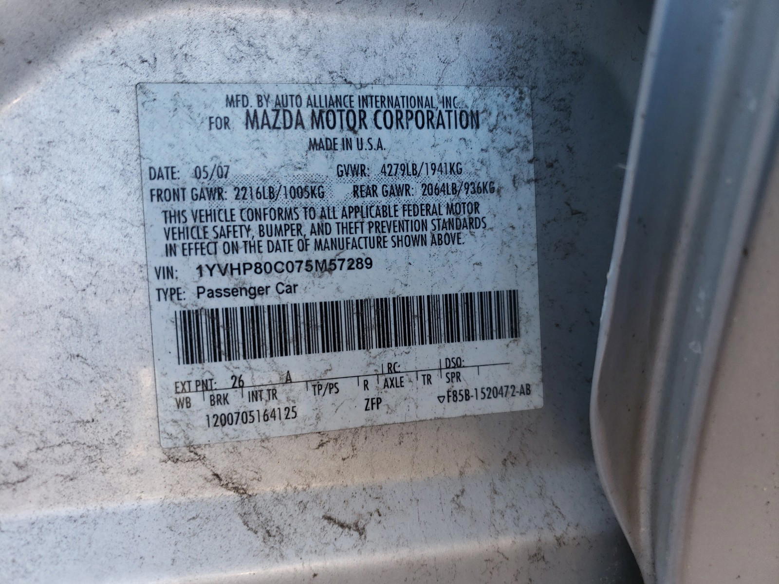 Photo 10 from auction – 2007 MAZDA MAZDA6 with VIN 1YVHP80C075M57289