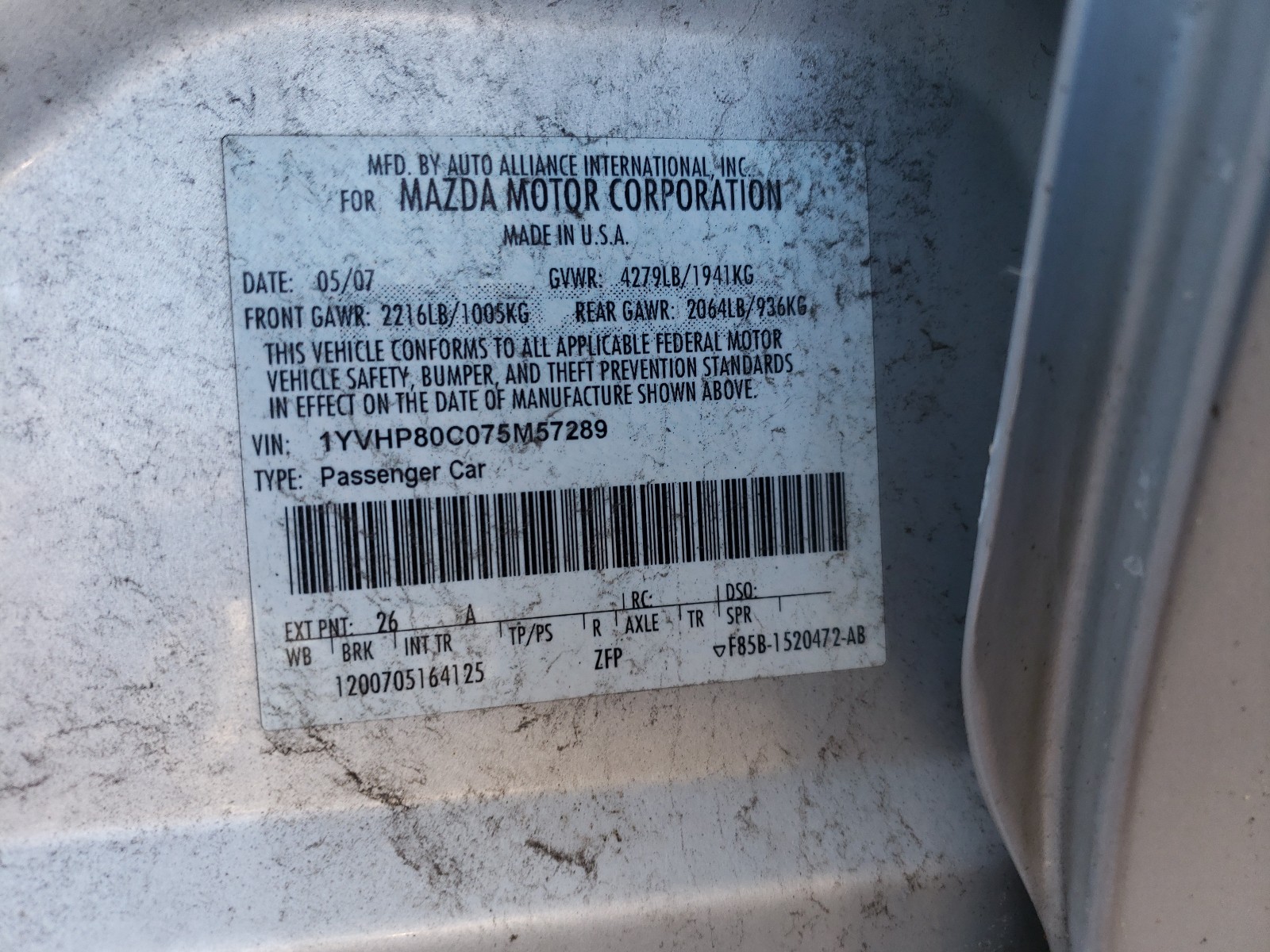 Фото 10 с аукциона – 2007 MAZDA MAZDA6 с VIN 1YVHP80C075M57289