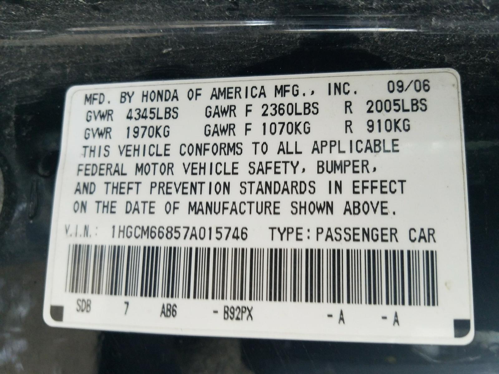 Photo 10 from auction – 2007 HONDA ACCORD EX with VIN 1HGCM66857A015746