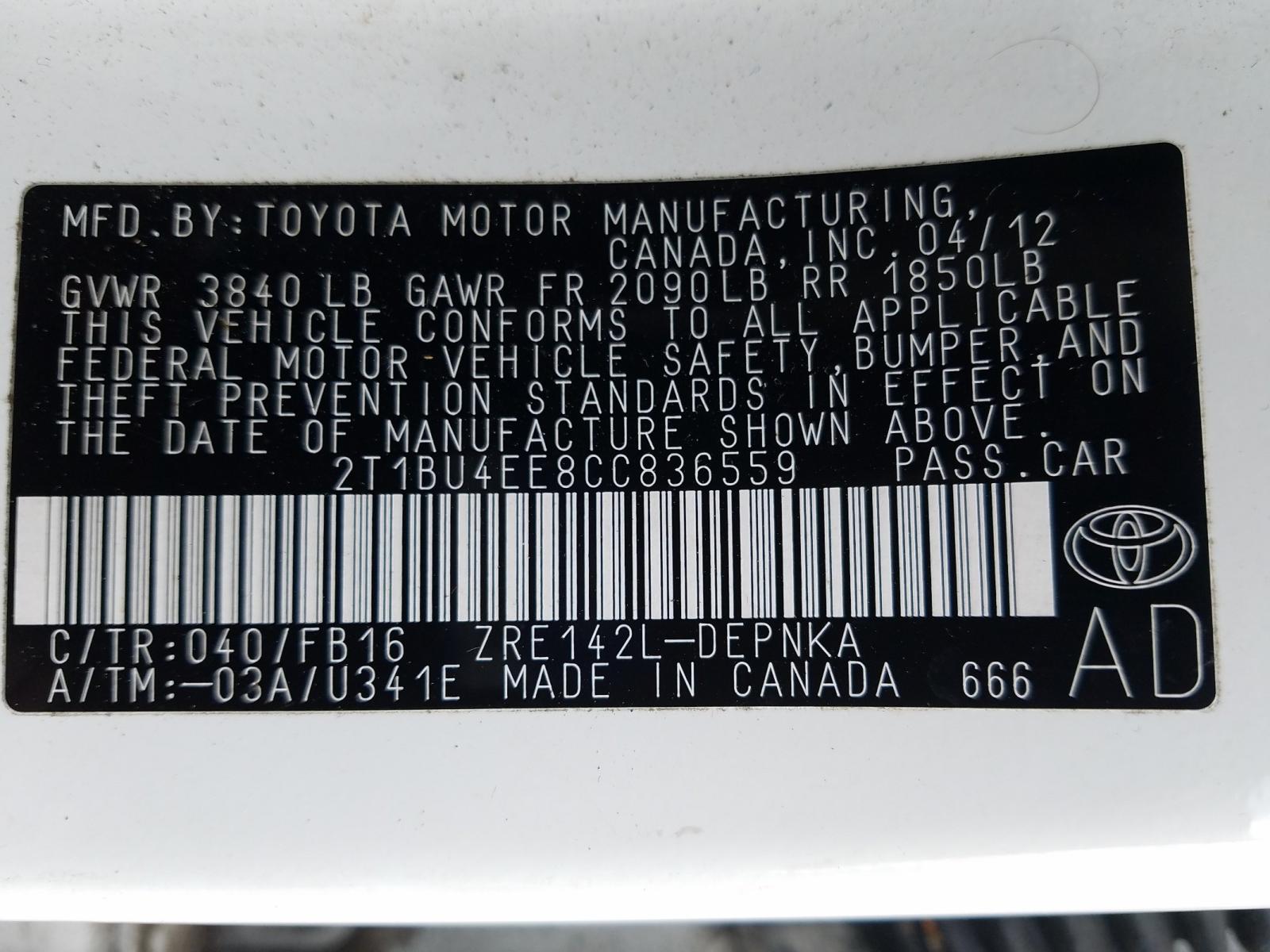 Photo 10 from auction – 2012 TOYOTA COROLLA BA with VIN 2T1BU4EE8CC836559