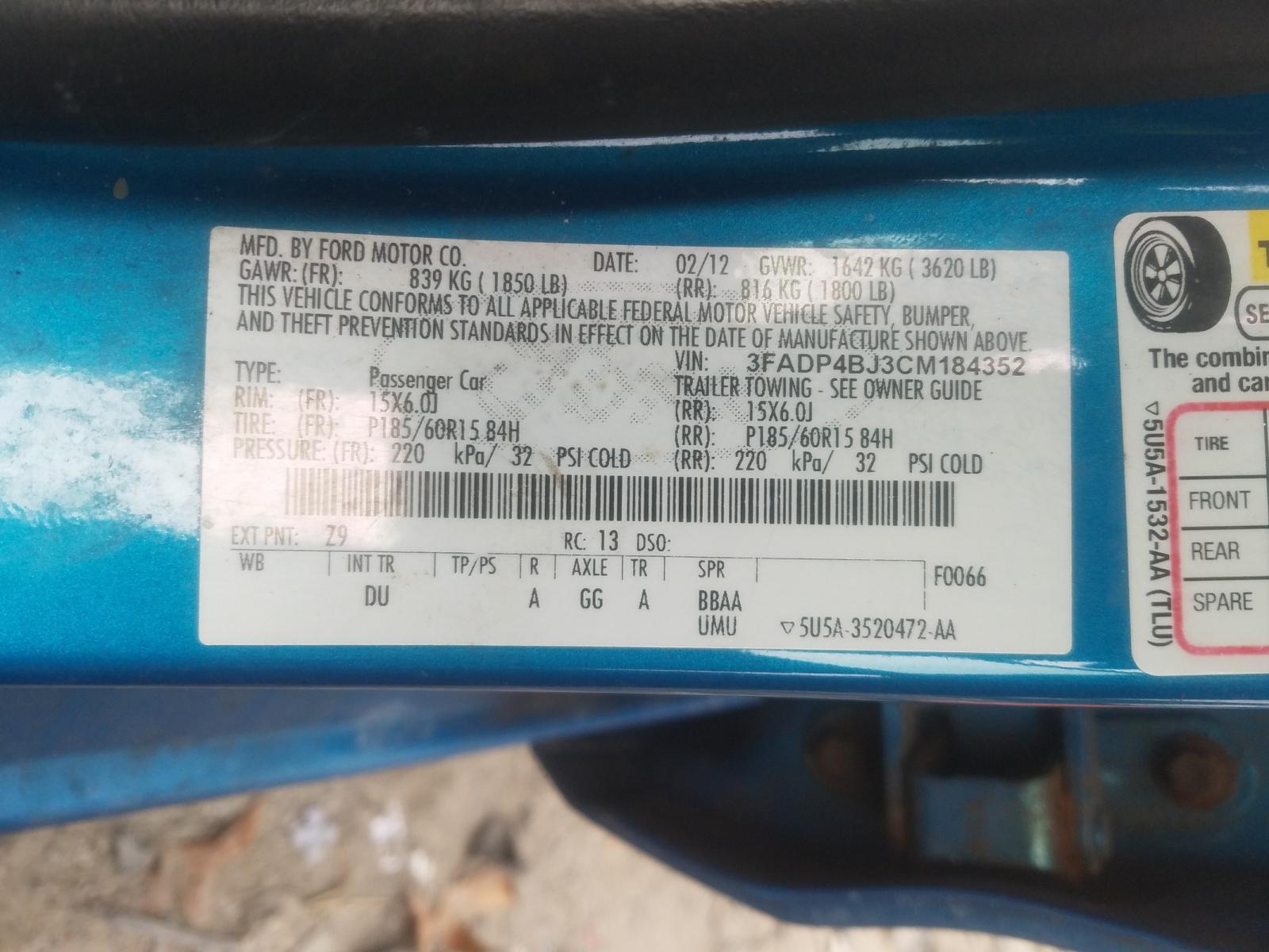 Photo 10 from auction – 2012 FORD FIESTA SE with VIN 3FADP4BJ3CM184352
