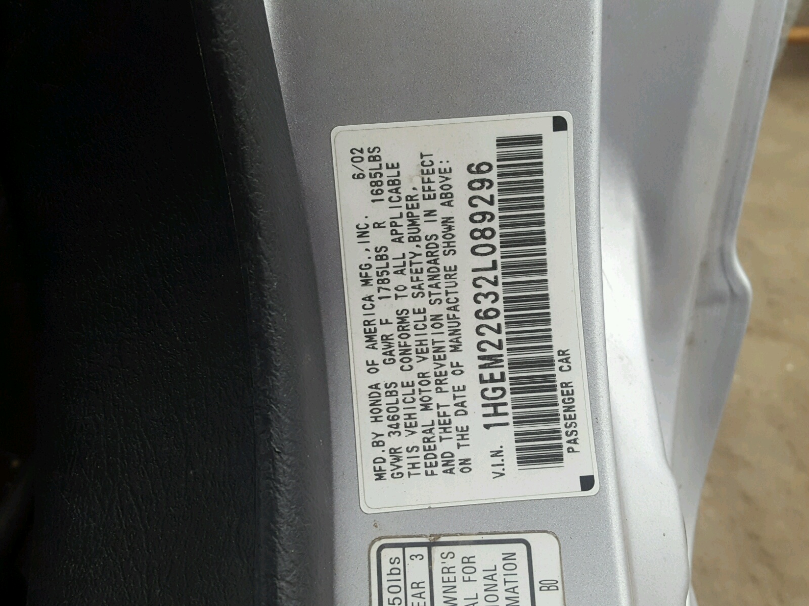 Photo 10 from auction – 2002 HONDA CIVIC LX with VIN 1HGEM22632L089296