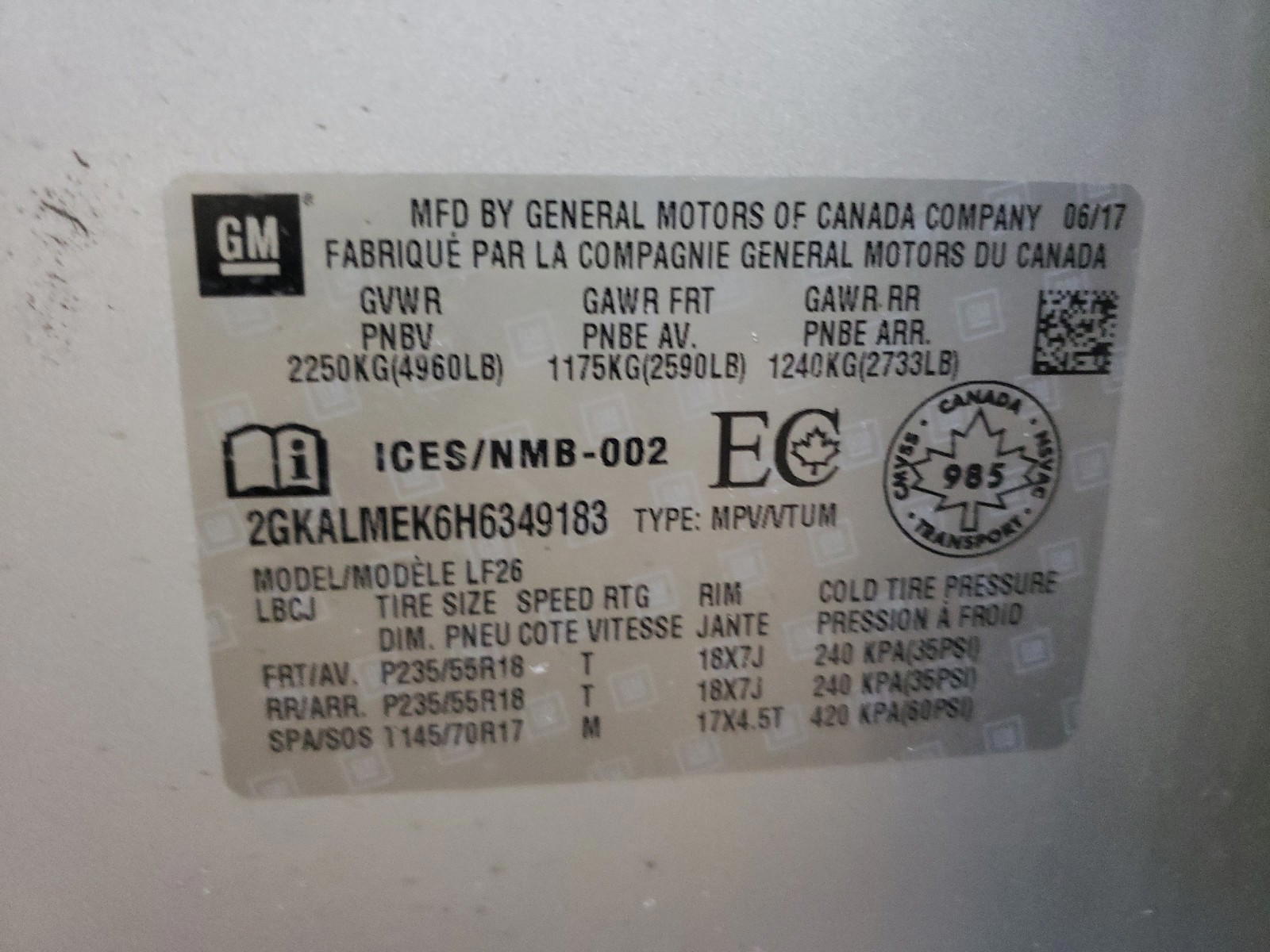 Photo 10 from auction – 2017 GMC TERRAIN SL with VIN 2GKALMEK6H6349183