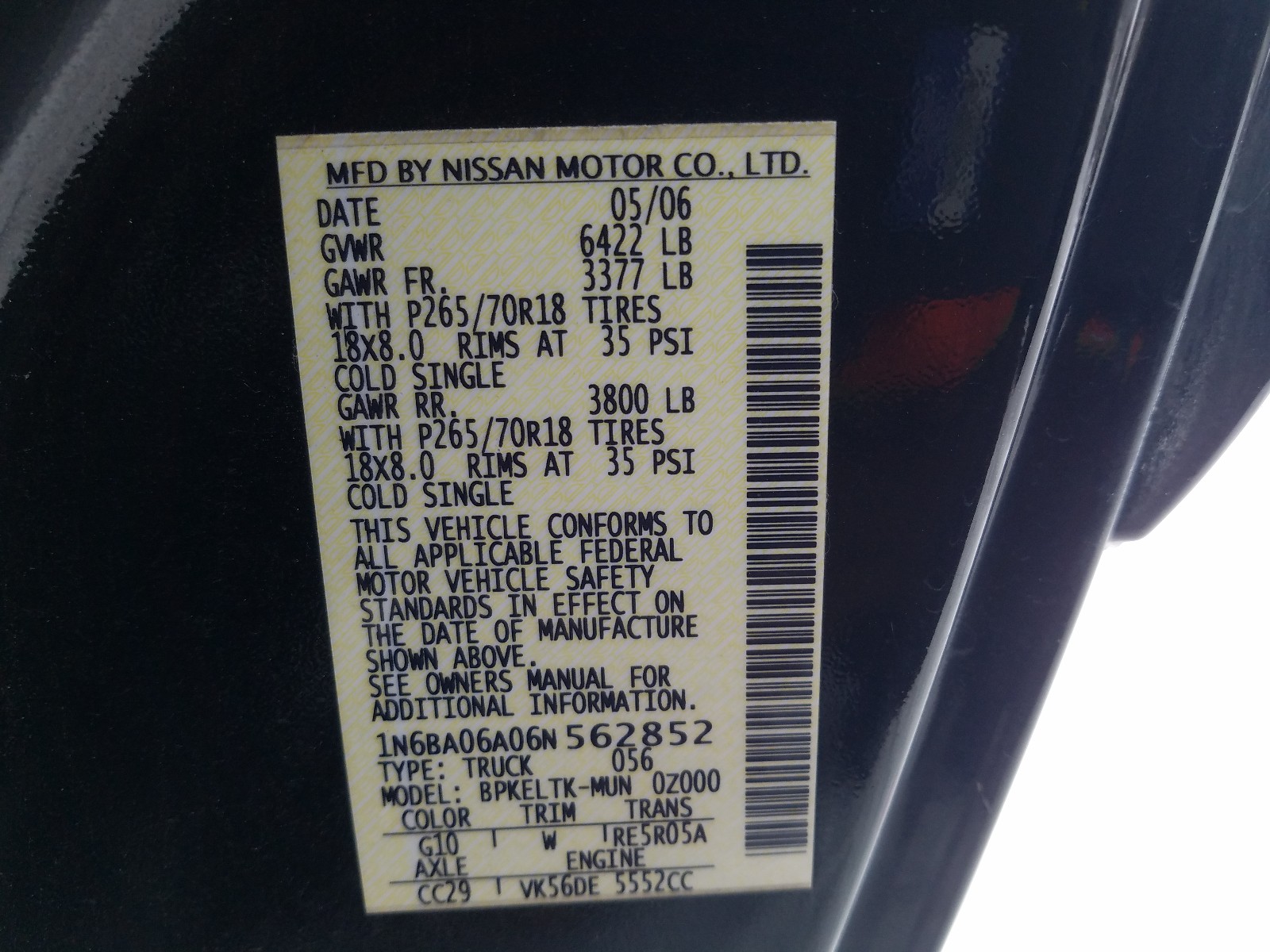Photo 10 from auction – 2006 NISSAN TITAN with VIN 1N6BA06A06N562852