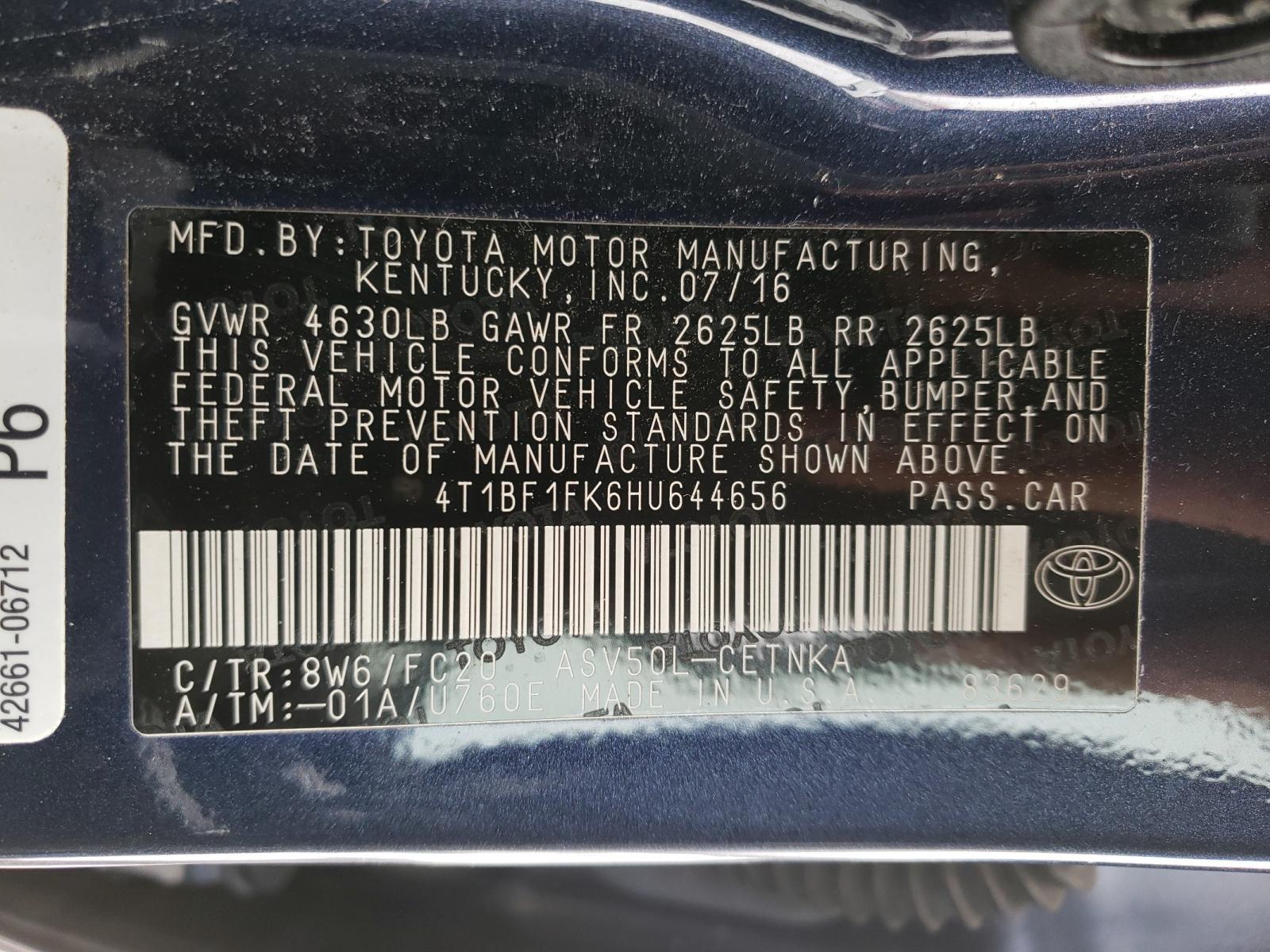 Photo 10 from auction – 2017 TOYOTA CAMRY LE with VIN 4T1BF1FK6HU644656