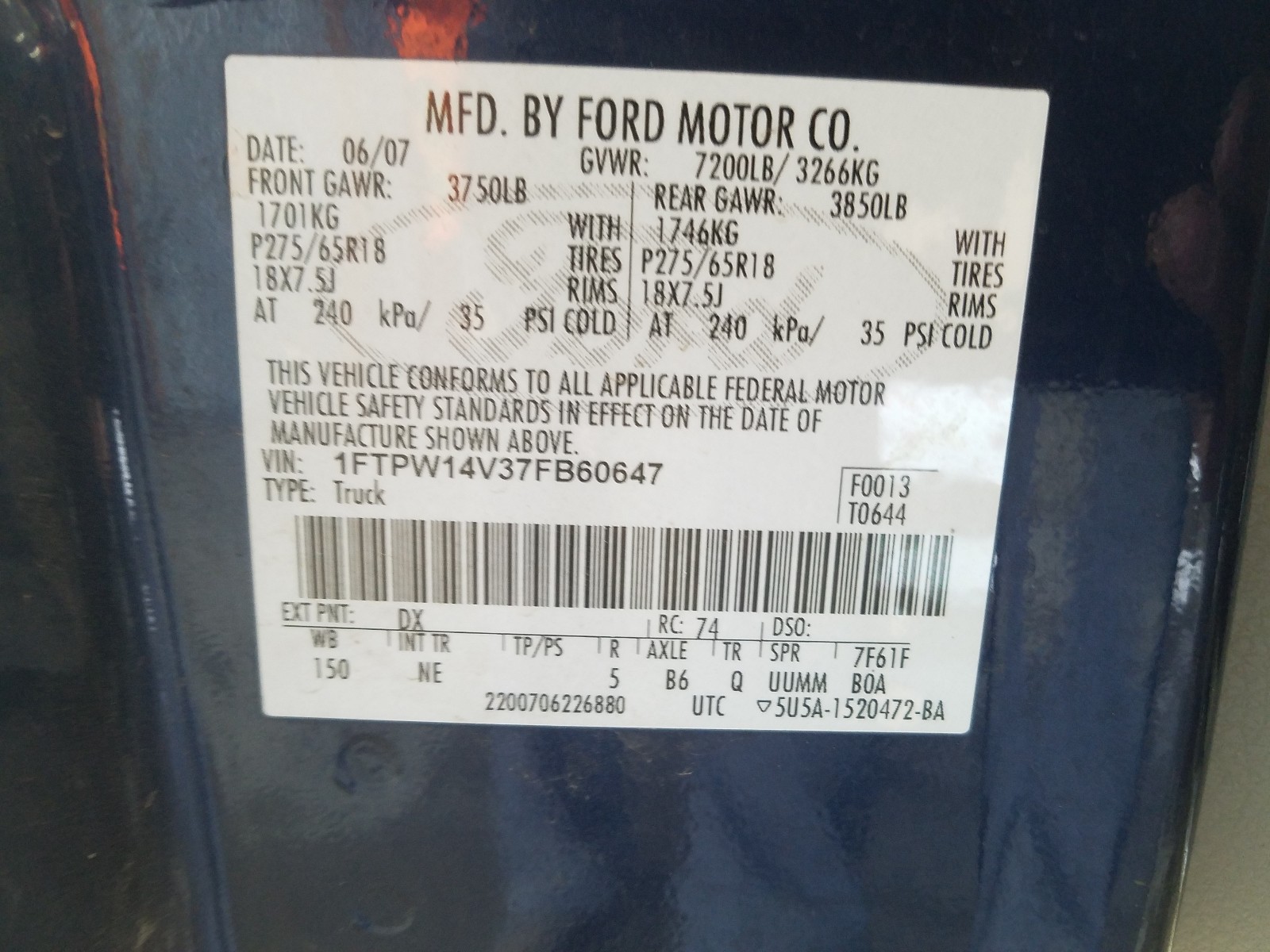 Photo 10 from auction – 2007 FORD F150 SUPER with VIN 1FTPW14V37FB60647
