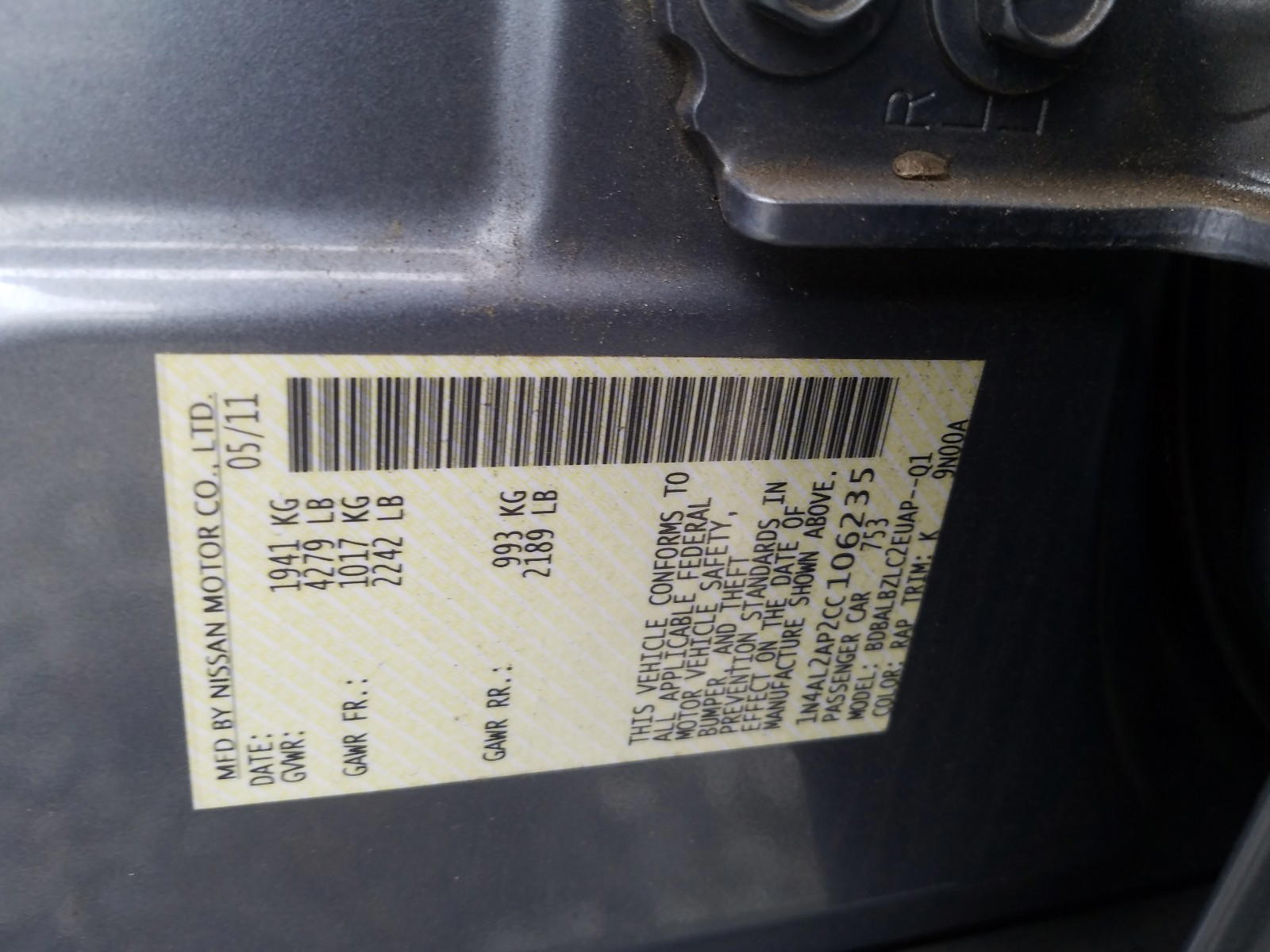 Photo 10 from auction – 2012 NISSAN ALTIMA with VIN 1N4AL2AP2CC106235