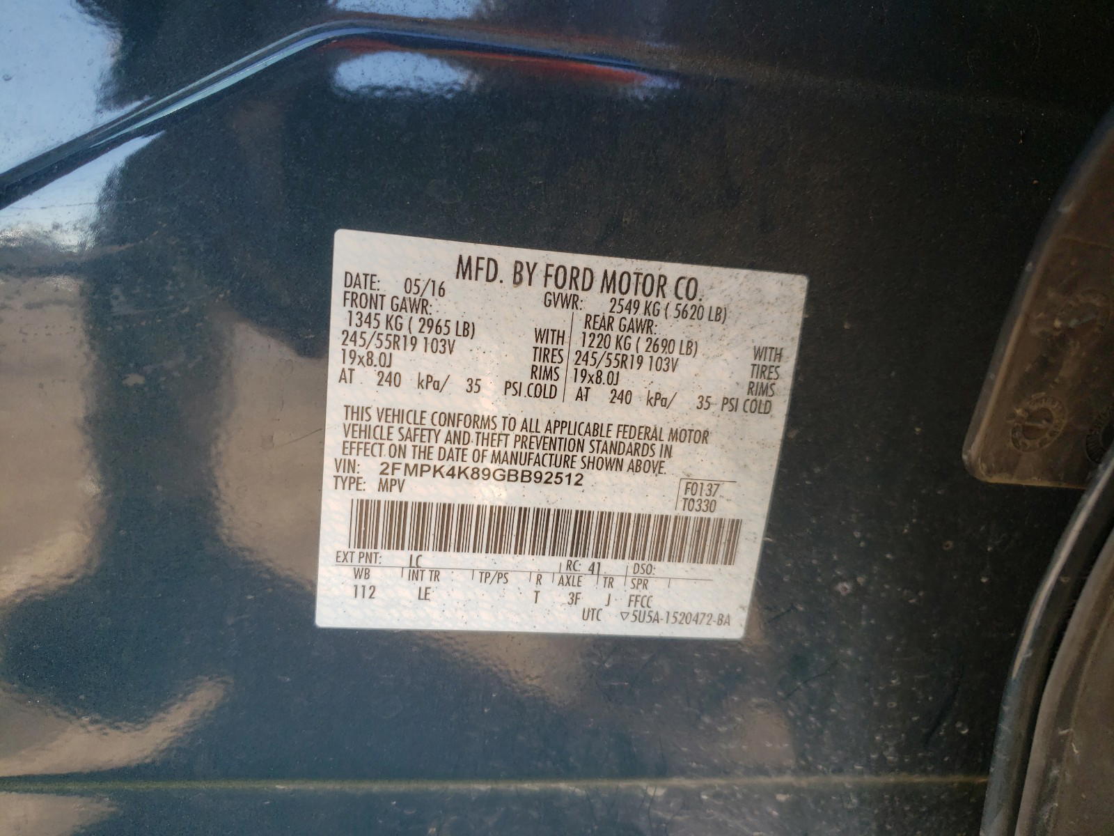 Photo 10 from auction – 2016 FORD EDGE TITAN with VIN 2FMPK4K89GBB92512