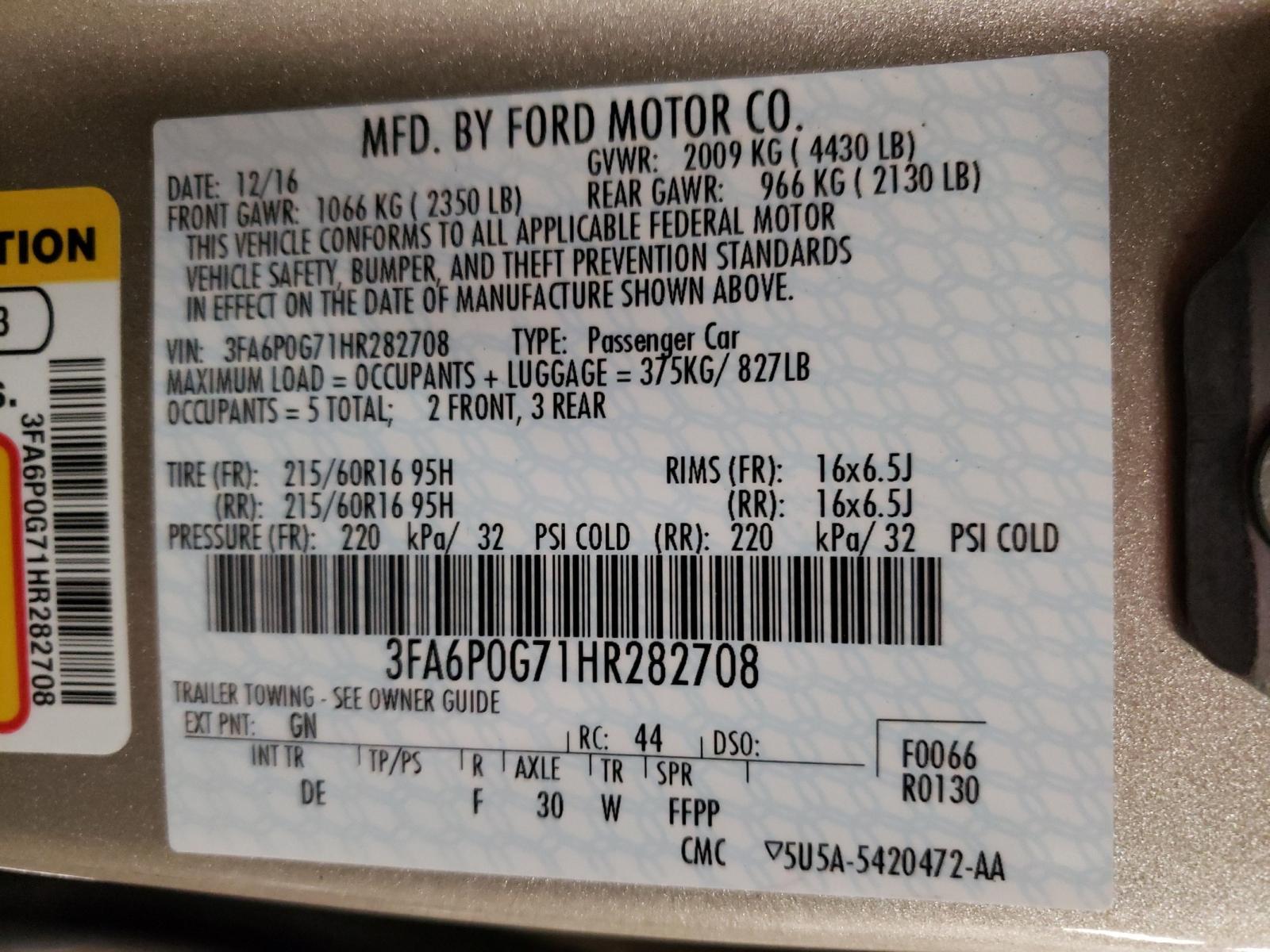 Photo 10 from auction – 2017 FORD FUSION S with VIN 3FA6P0G71HR282708