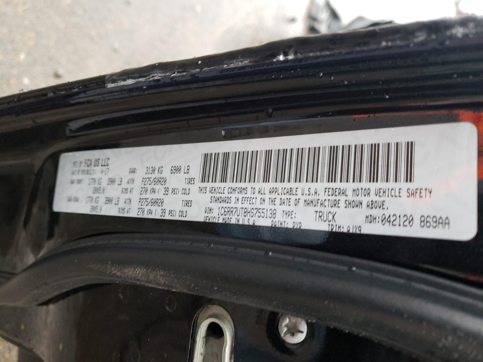 Photo 10 from auction – 2017 RAM 1500 SPORT with VIN 1C6RR7UT8HS755138