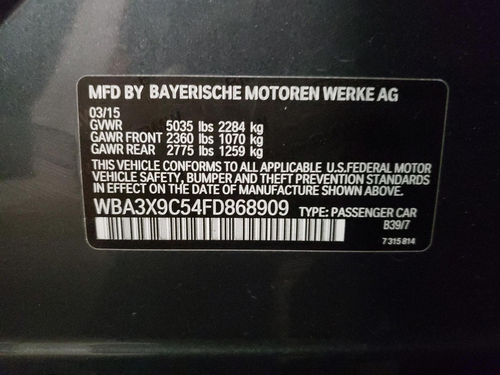 Photo 10 from auction – 2015 BMW 335 XIGT with VIN WBA3X9C54FD868909
